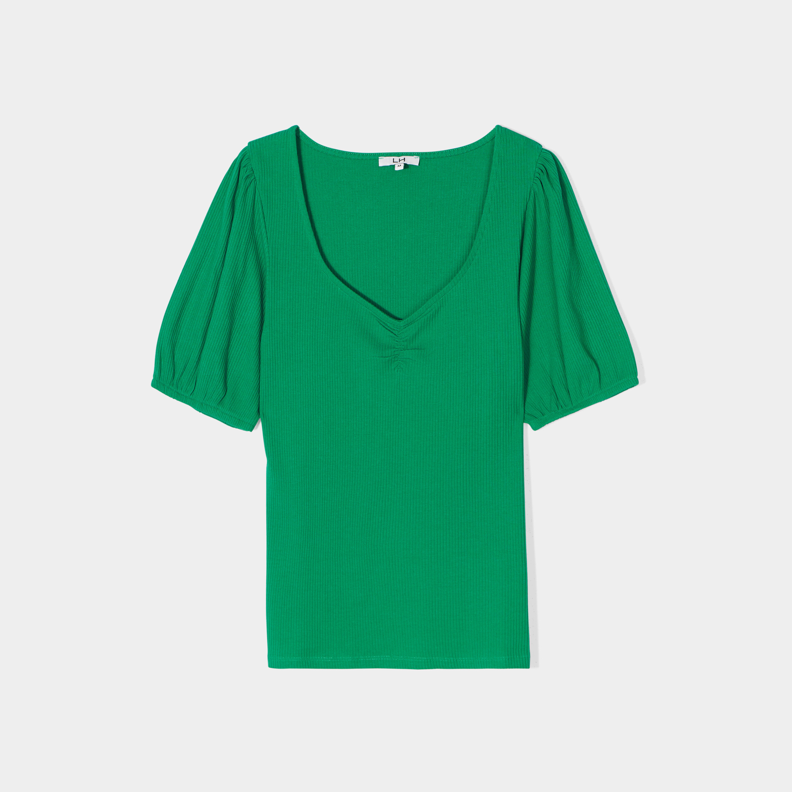 T-shirt manches ballons col en V vert émeraude femme | La Halle