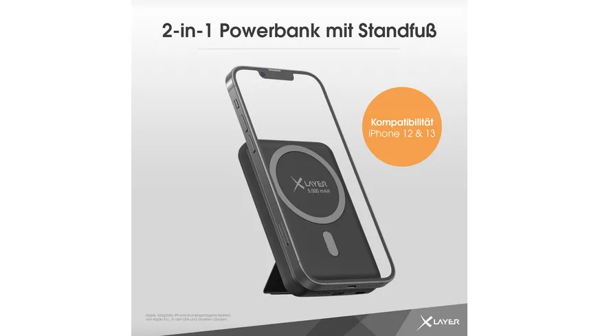 XLayer MagFix Pro 2-in-1 Powerbank mit Standfuß 5.000 mAh Schwarz