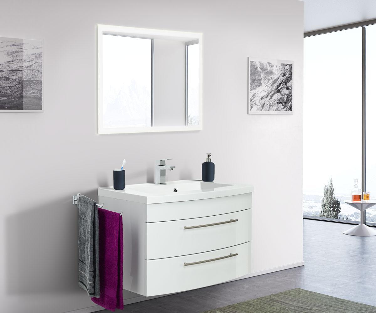 Posseik Badmöbelset Luna 80 mit runder Front weiss hochglanz LED Spiegel 80 cm EEK: F