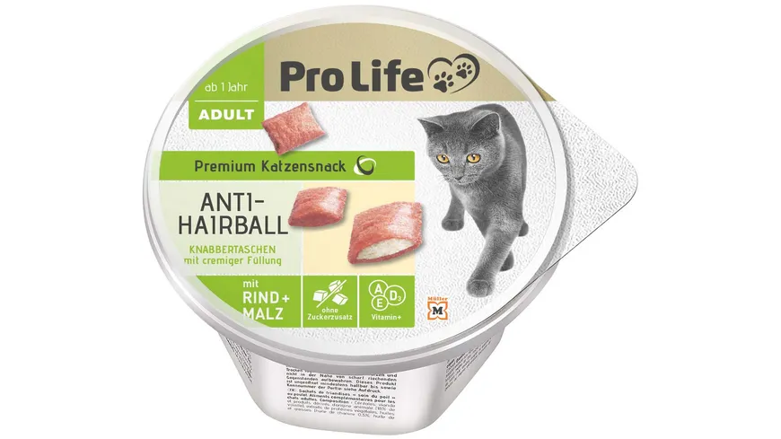Pro Life Adult Premium Katzensnack Anti-Hairball Knabbertaschen mit Rind + Malz 60 g