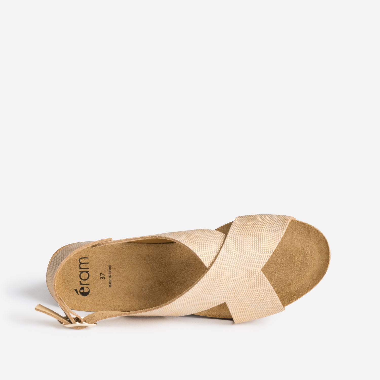 Sandale compensée anatomique beige doré en cuir embossé