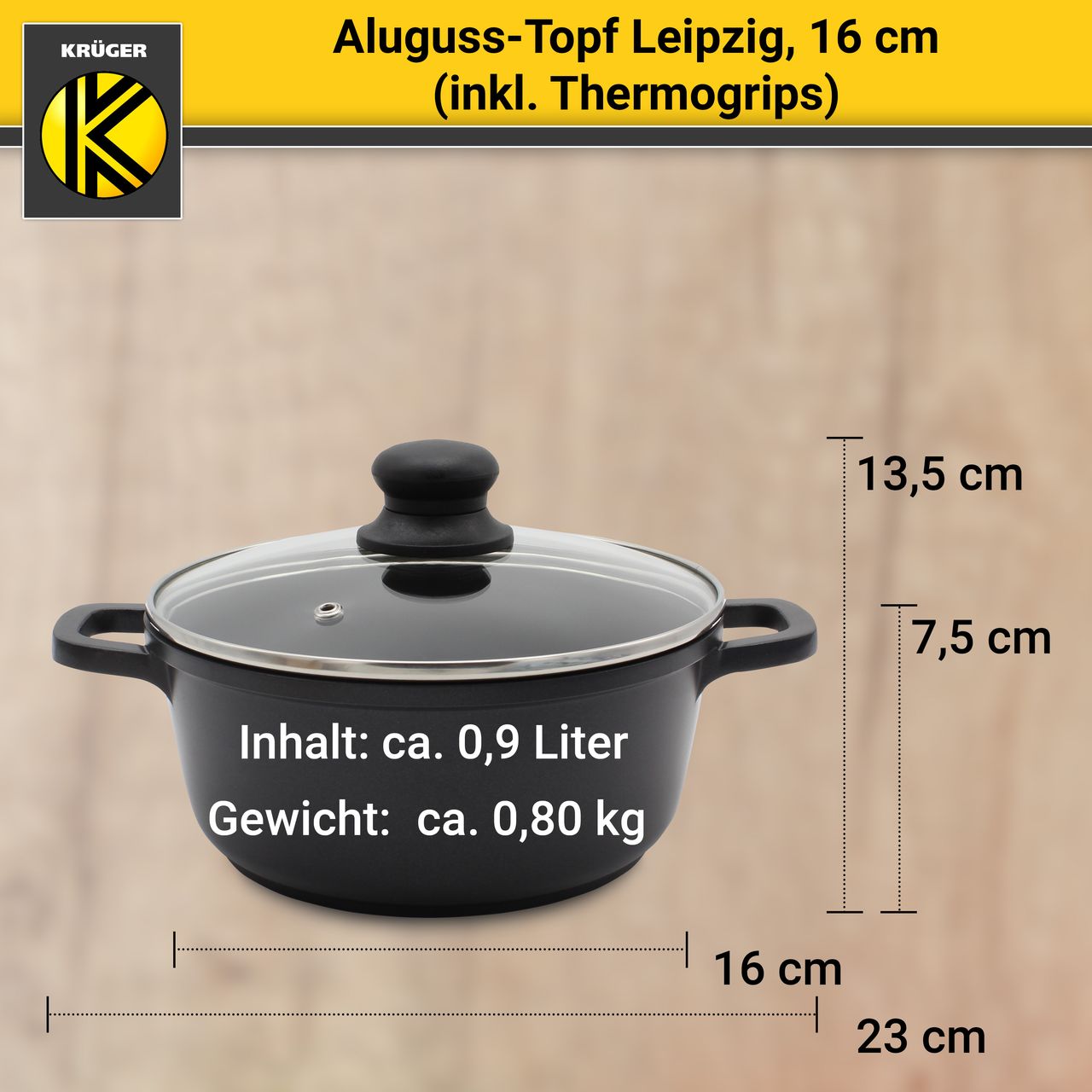 Karl Krüger Aluguss Fleischtopf LEIPZIG mit Deckel, 16 cm