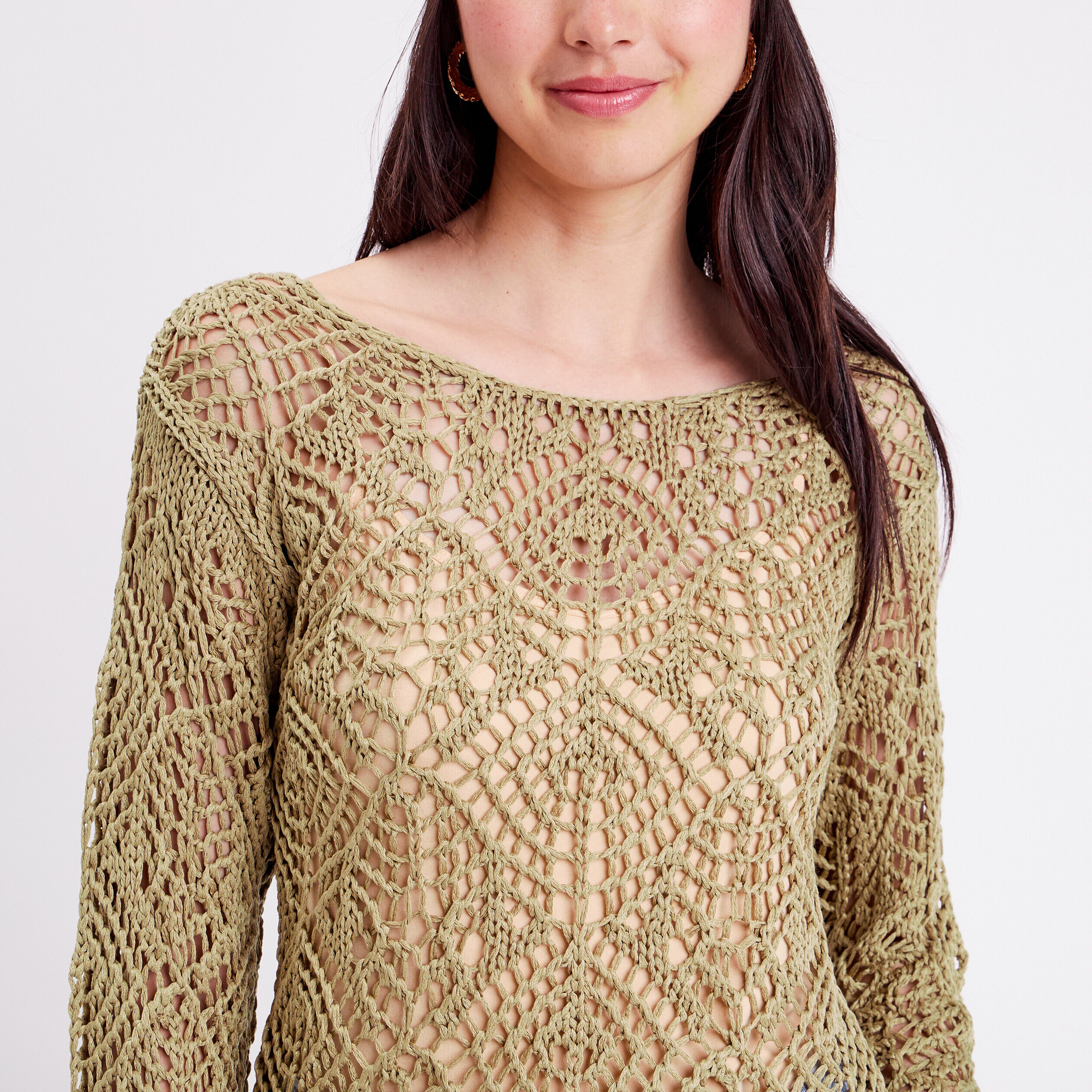 Pull crochet manches longues vert kaki femme | Cache Cache