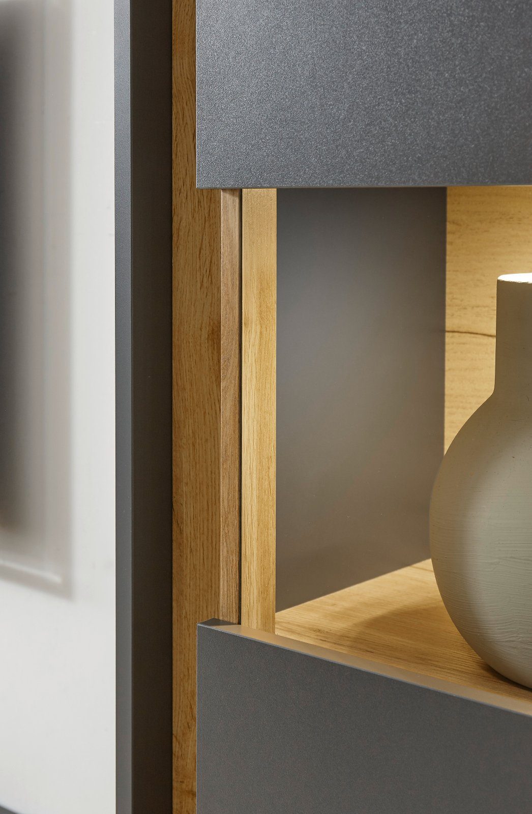 Furn.Design Wohnwand Center, (Set in grau und Wotan Eiche, 4-teilig), mit Vitrinen
