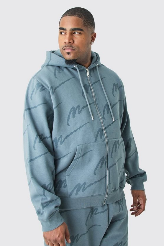 Plus Man Signature Hoodie mit Print und Reißverschluss