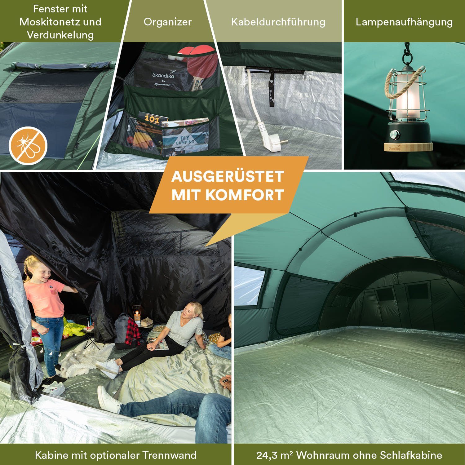 Skandika Tunnelzelt Gotland 6 Sleeper Protect (grün), Familienzelt mit eingenähtem Zeltboden, 5000 mm Wassersäule