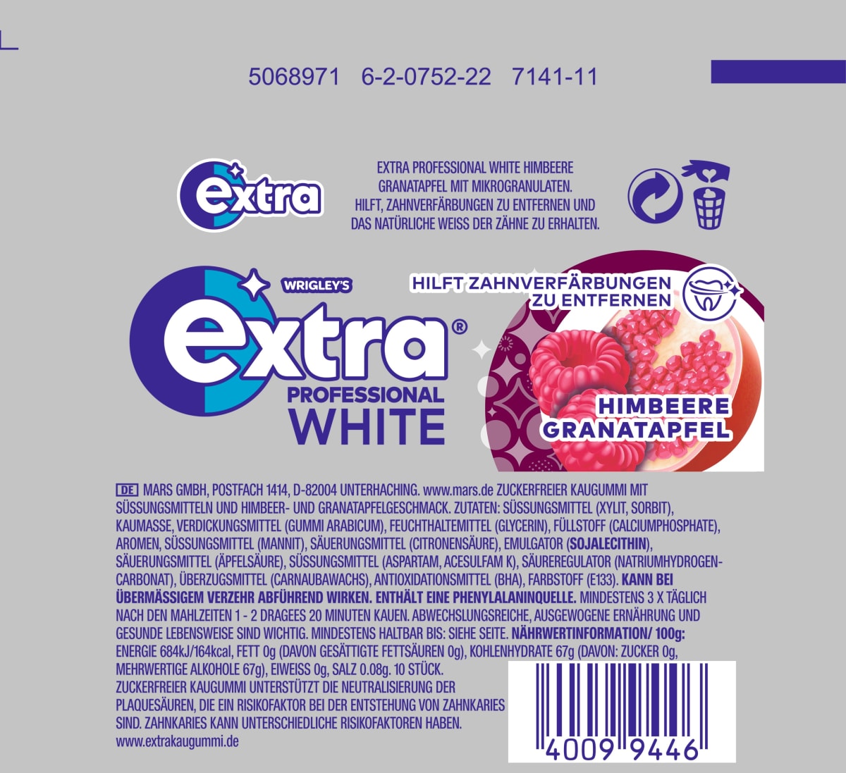 Kaugummi Extra Professional White, Himbeere Granatapfel, zuckerfrei, 10 St