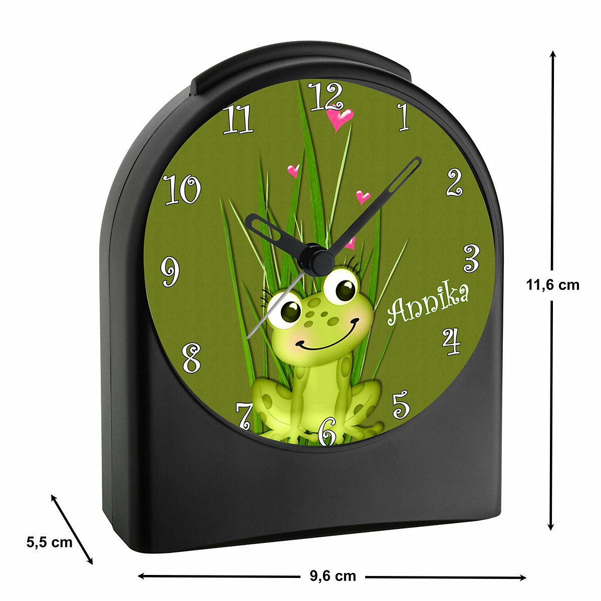 Kinder Funkwecker personalisiert mit Namen Frosch Atom-/Funkuhr, 12-Stunden-Anzeigeformat, Schlummerfunktion, Nachtlicht, Geräuschlos/Ohne Ticken