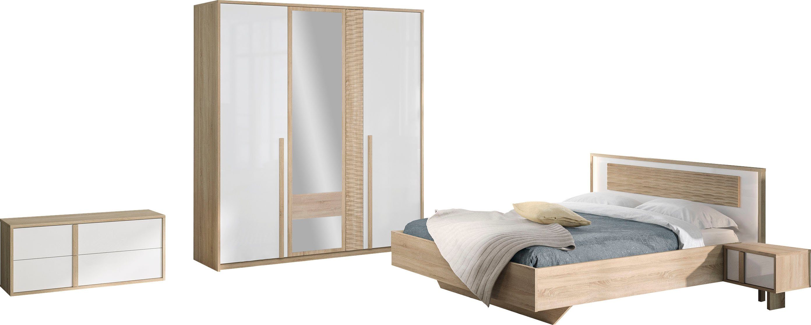 Gami Schlafzimmer-Set Curtys, (5-St., 1x Bett, 2x hängende Nachttische, 1x Kleiderschrank und 1x Lowboard)