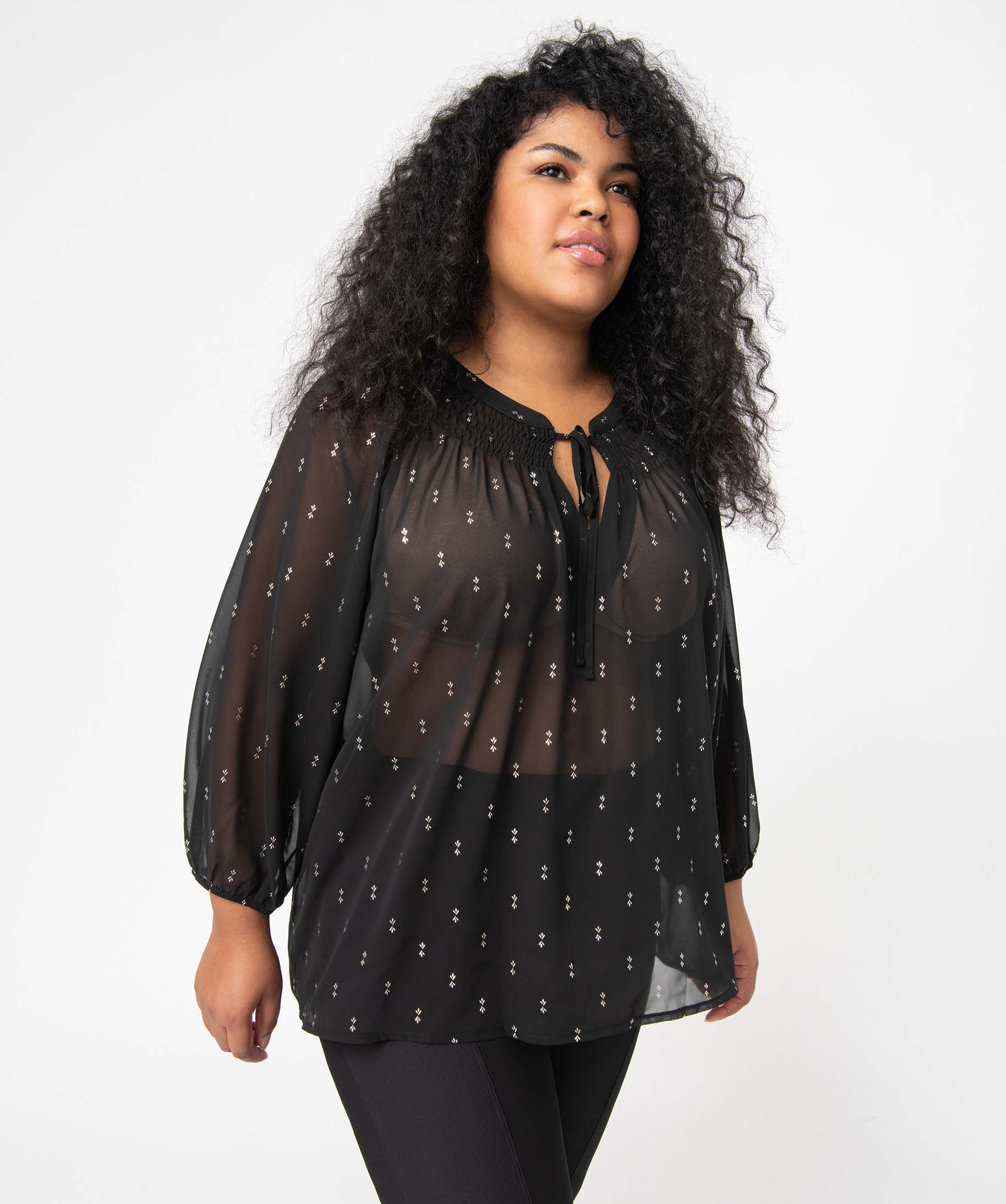 Blouse femme grande taille en voile imprimé brillant et smocks noir | GEMO