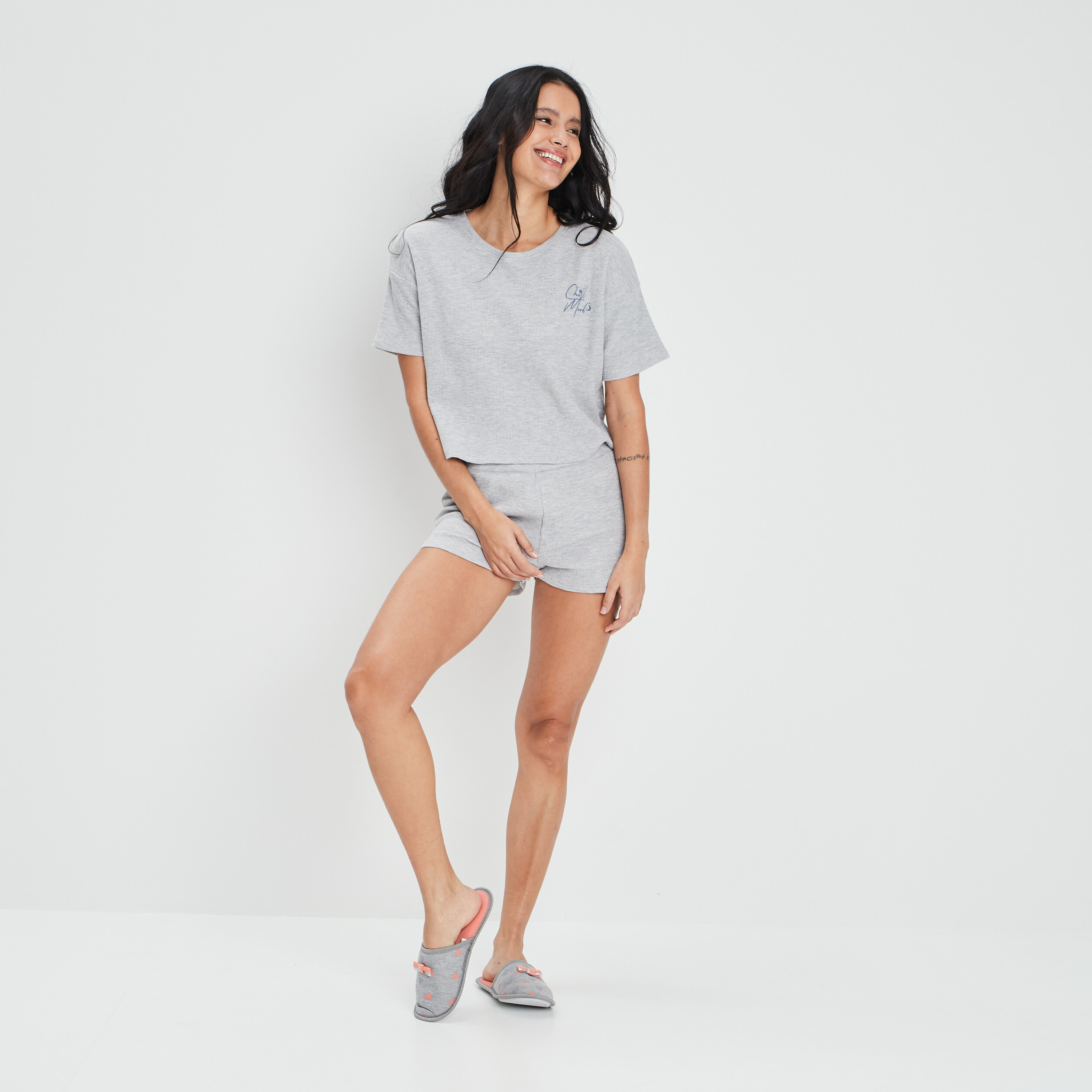 Ensemble pyjama 2 pièces en coton gris clair femme | La Halle