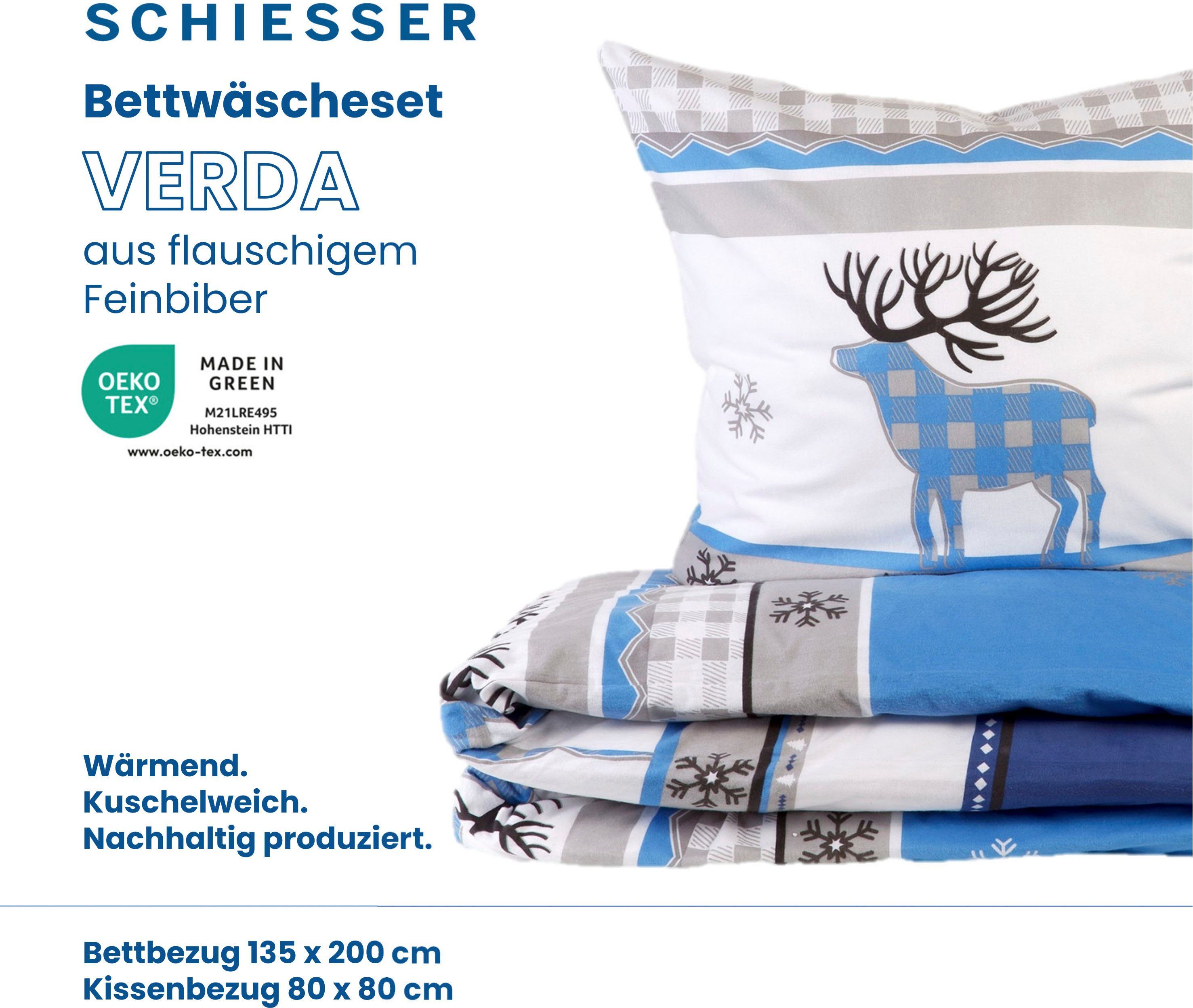 Bettwäsche Verda, Schiesser, Feinbiber, 2 teilig, winderliches Elch-Design