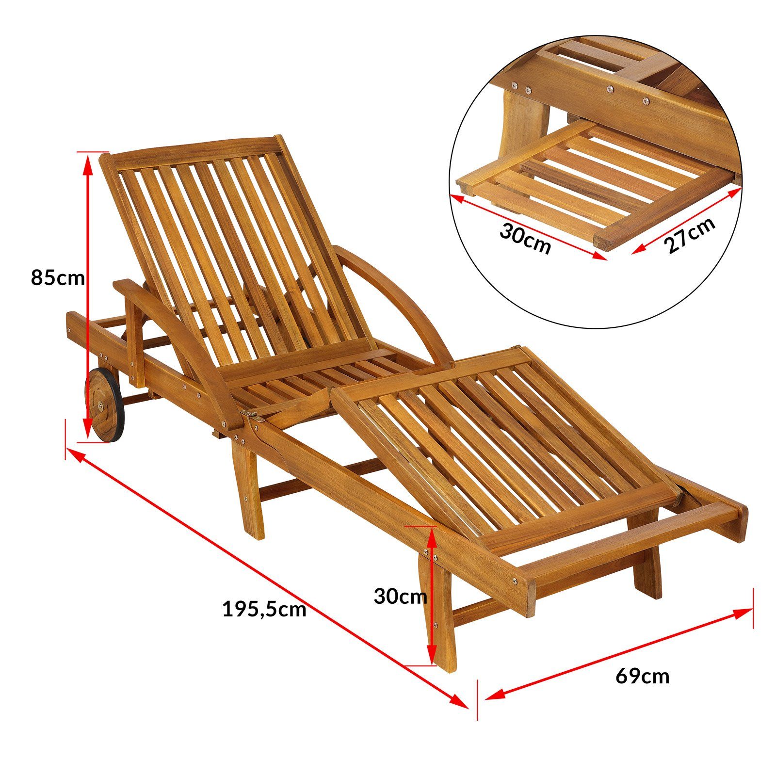 Casaria Gartenliege Braun, Akazien Holz verstellbar Tisch ausziehbar klappbar 160 kg belastbar
