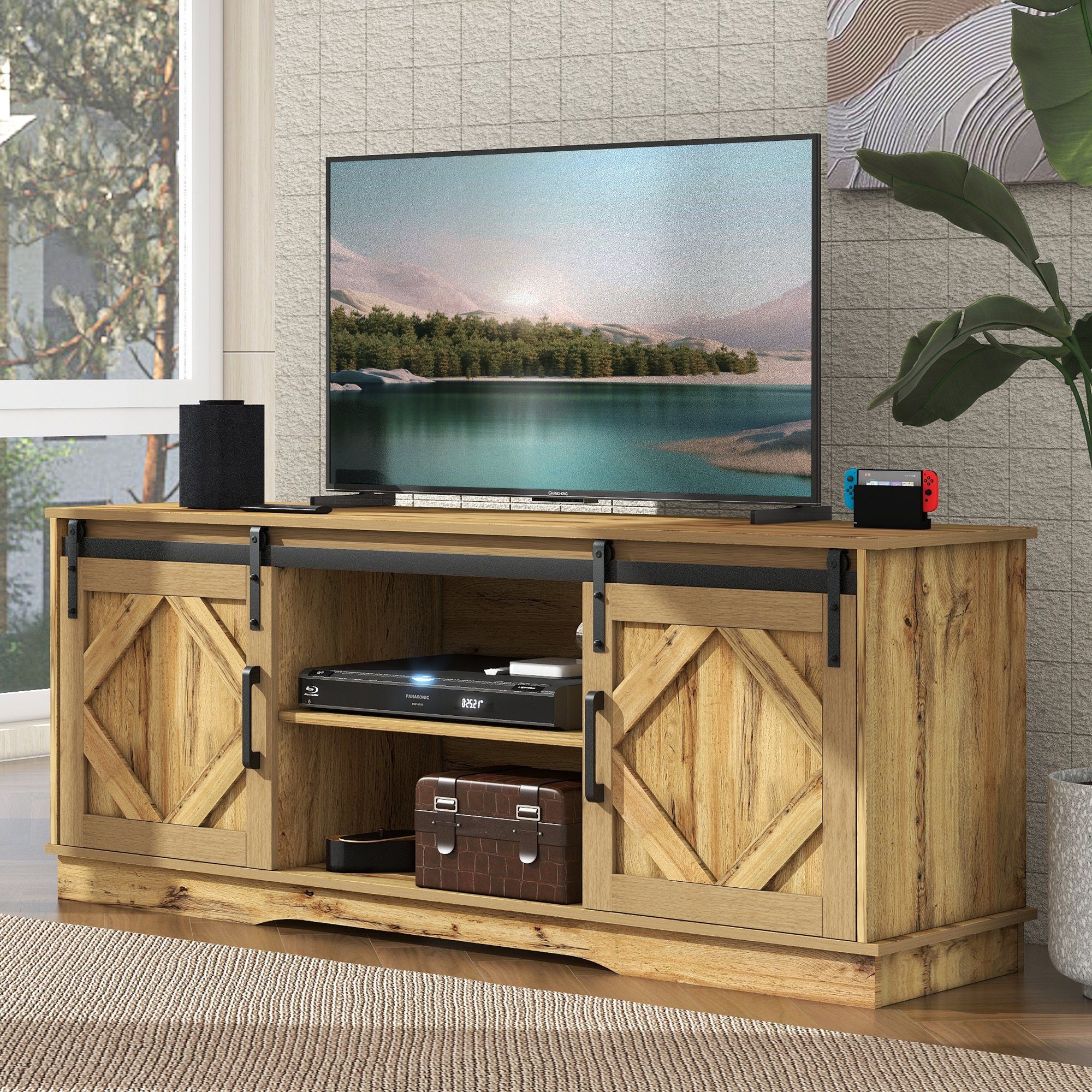 OKWISH TV-Schrank TV Stand Sideboard Entertainment Center (vintage Braun Entertainment Center 150*40*60cm, mit 2 klassischen Schiebetüren Einstellbare Regale) für Wohnzimmer Esszimmer Landhaus Modernes Design