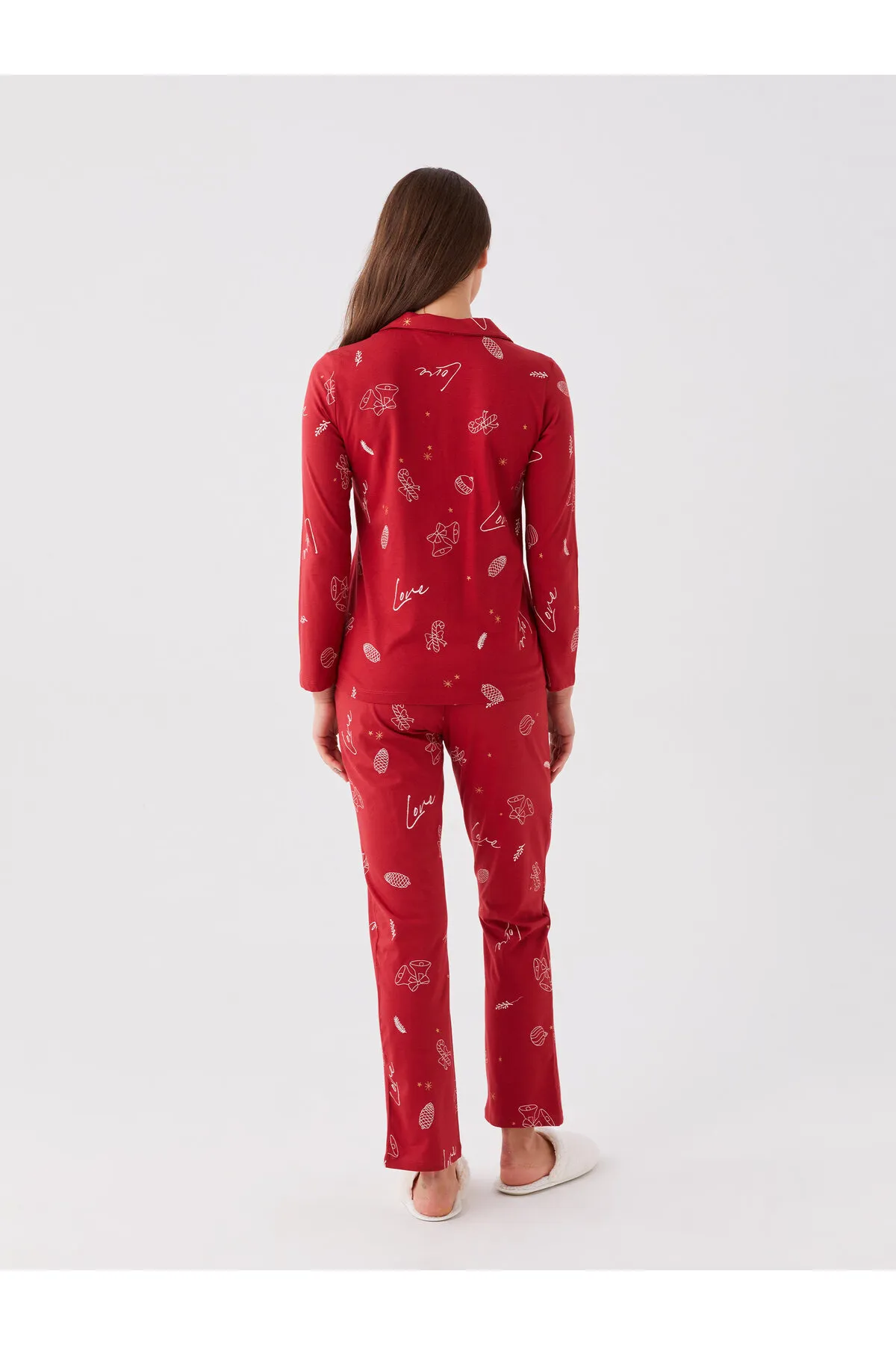 LC Waikiki  Langarm-Damenpyjama-Set mit Hemdkragen und Neujahrsmotiv