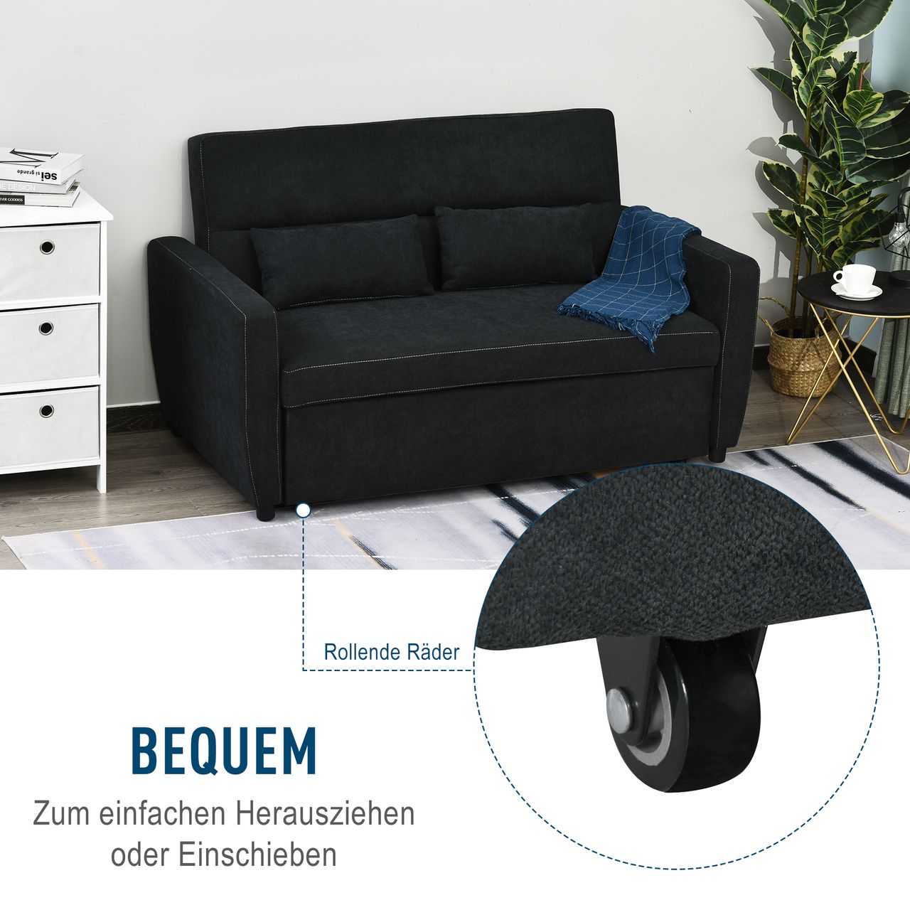 HOMCOM Schlafsofa Klappsofa 2-Sitzer Stoffsofa Bettsofa Bettsofa Schwarz