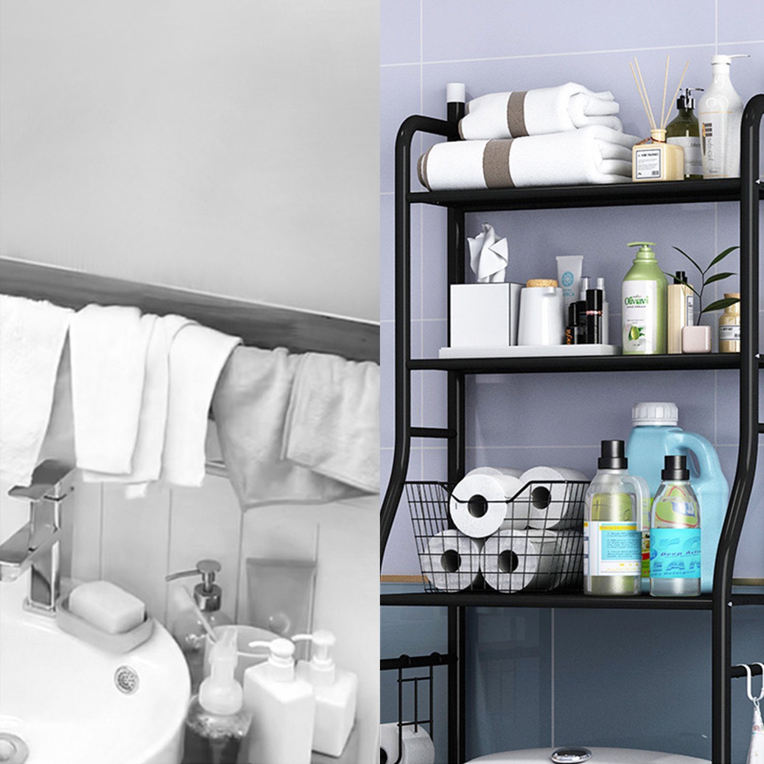 Vicbuy Badregal Standregal mit 3 Haken, 3 Etagen Stahl Toilettenregal, WC-Regal, Metall Badezimmerregal, Aufbewahrungsregal, Waschmaschinenregal, für Badezimmer, 153*48*26cm