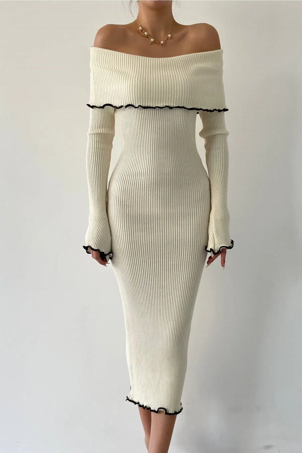 bayansepeti  Flexibler Strickstoff, Midi-Länge, trägerloser Kragen, lange Ärmel, Bleistiftdesign, beigefarbenes Strickkleid 175