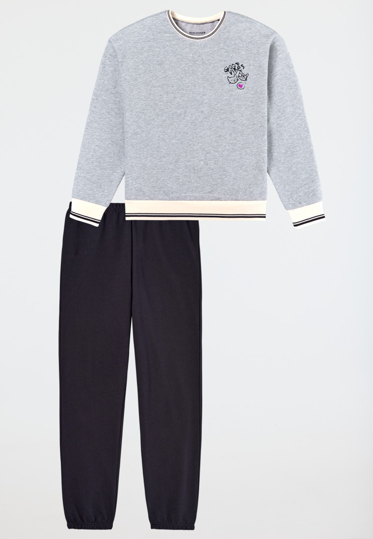 Schlafanzug lang Sweatware Bündchen grau-meliert - Nightwear