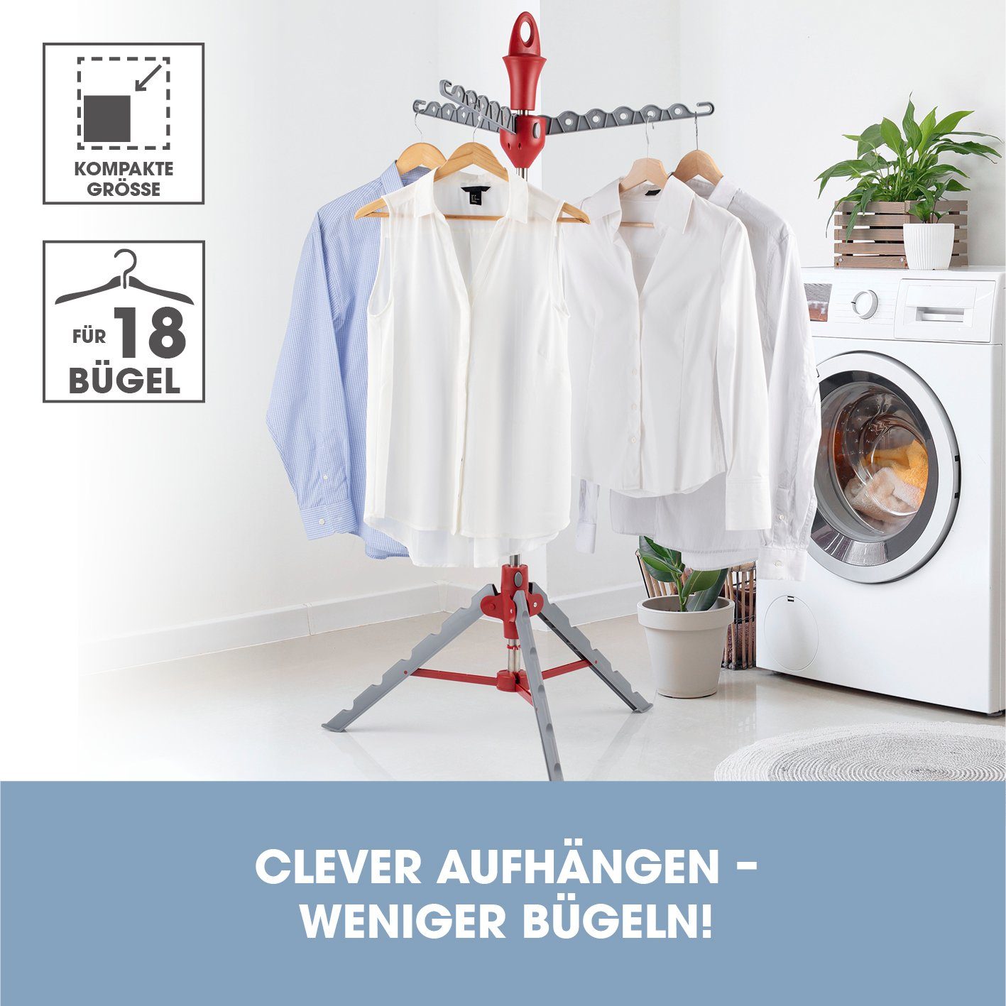 EASYmaxx Wäscheständer Wäschespinne - grau/rot, klappbar, höhenverstellbar