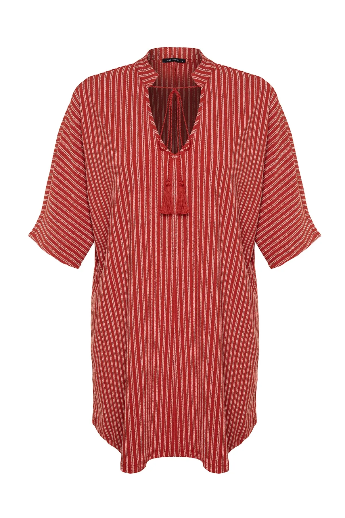 Trendyol Collection  Braun gestreiftes, weit geschnittenes Mini-Strandkleid aus Strick mit Krawatte TBESS23EL00080