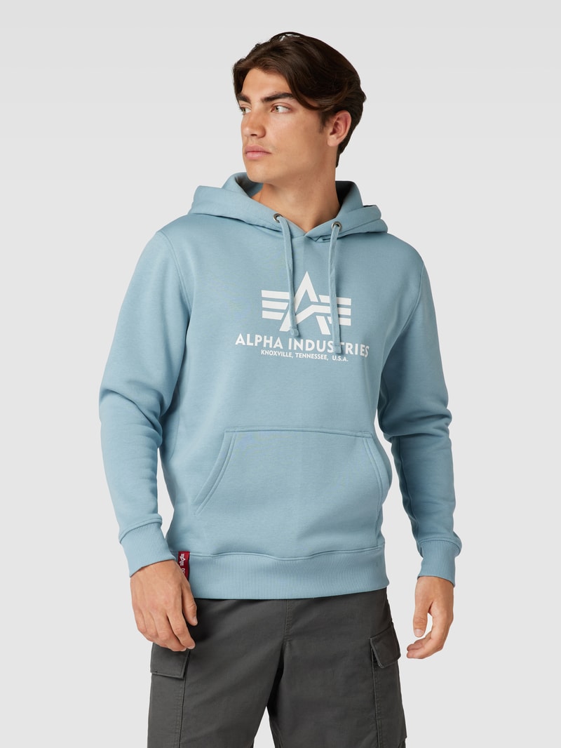 Hoodie mit Label-Print Modell 'BASIC' in eisblau