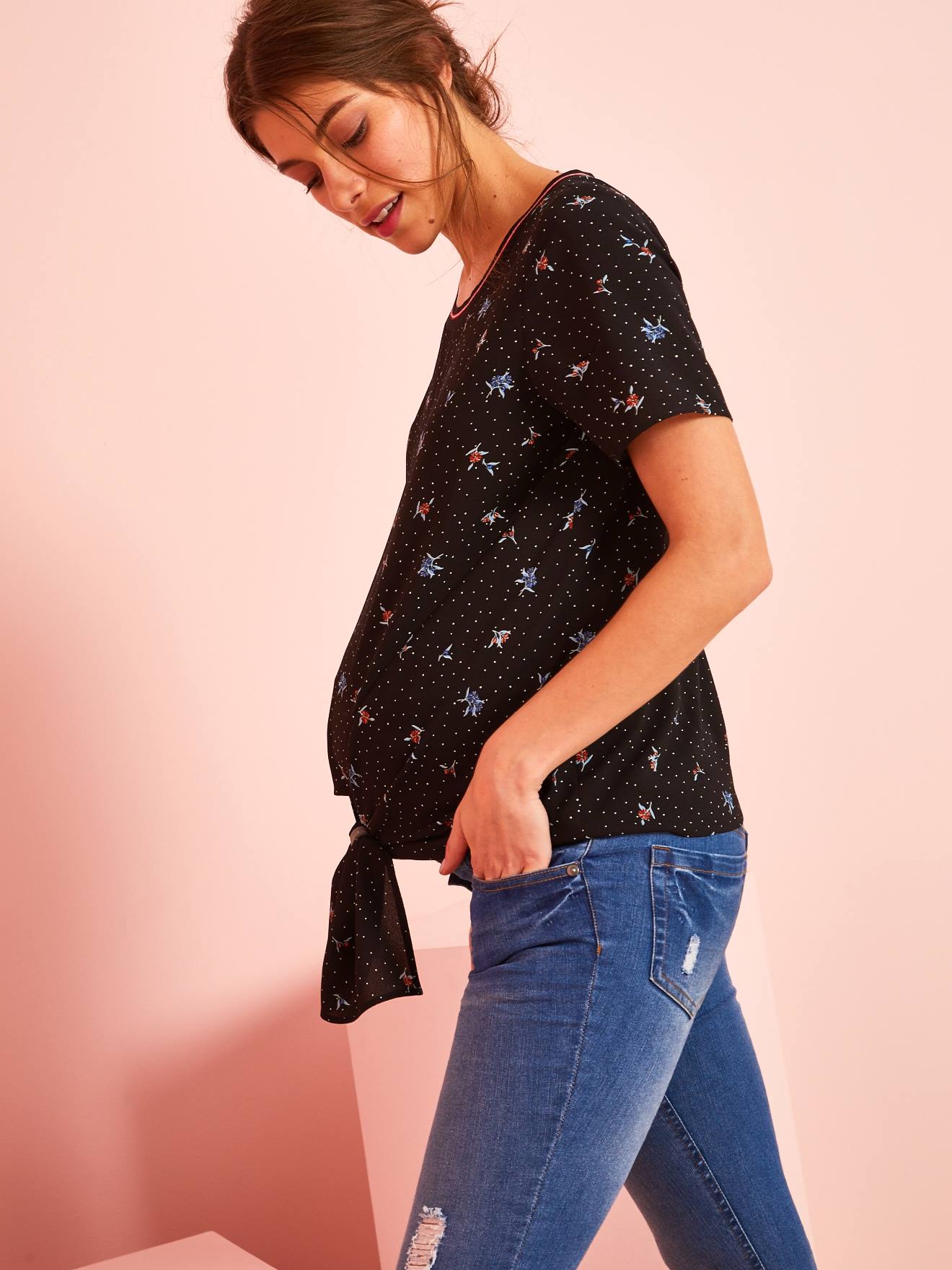 T-shirt noué de grossesse noir imprime fleurs