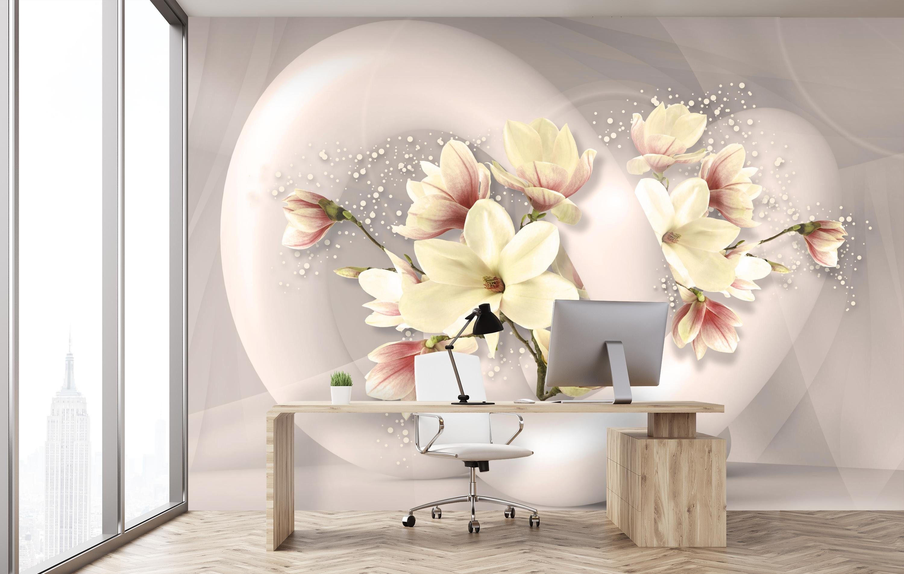 wandmotiv24 Fototapete 3D Form rot Blumen kreis Raum weiss, glatt, Wandtapete, Motivtapete, matt, Vliestapete