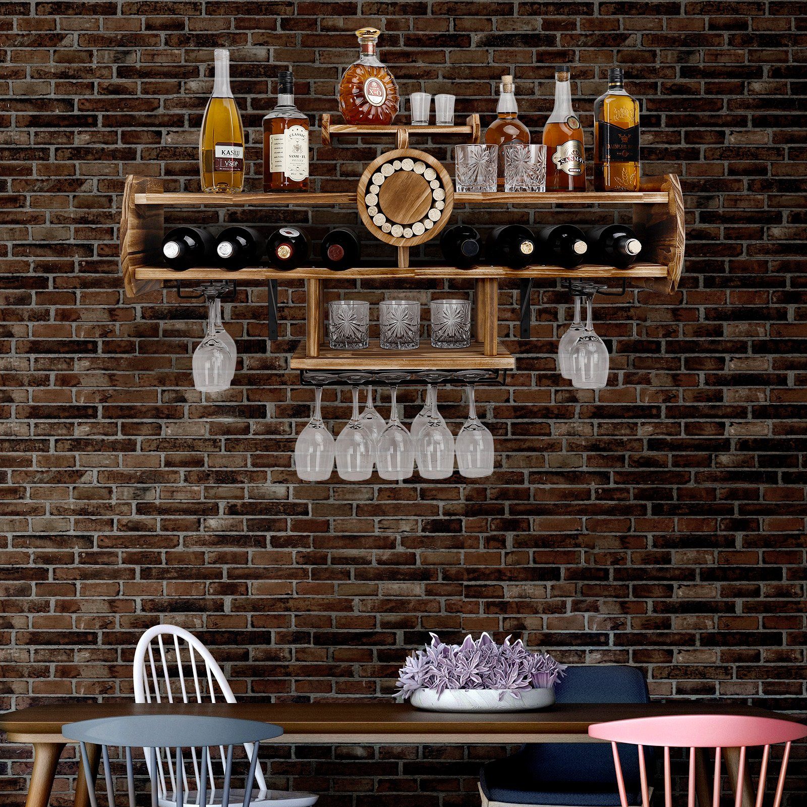 Yorbay Weinregal Weinregal aus Holz, Wandbar mit Korkhalter, Flugzeug-förmig, Holzregal für Weingläser, Whiskygläser, Wandmontage Wand Flaschenhalter Vintage Stil für Hausbar