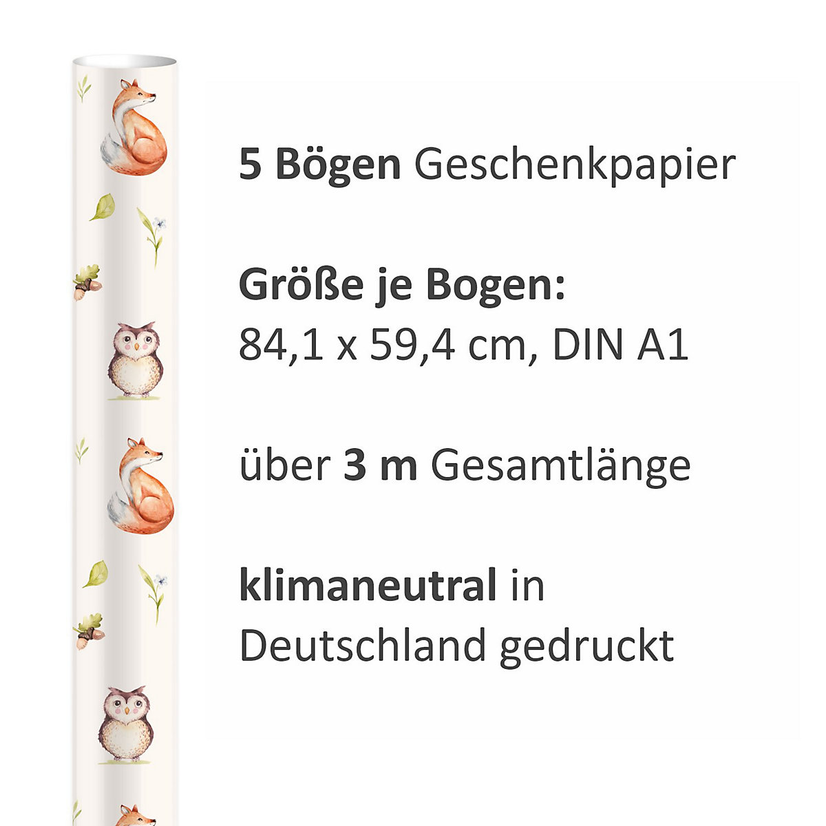 Geschenkpapier 5 Bögen Waldtiere pastell – 1,60€/qm Größe: - 84,1 x 59,4 cm Geschenkpapier