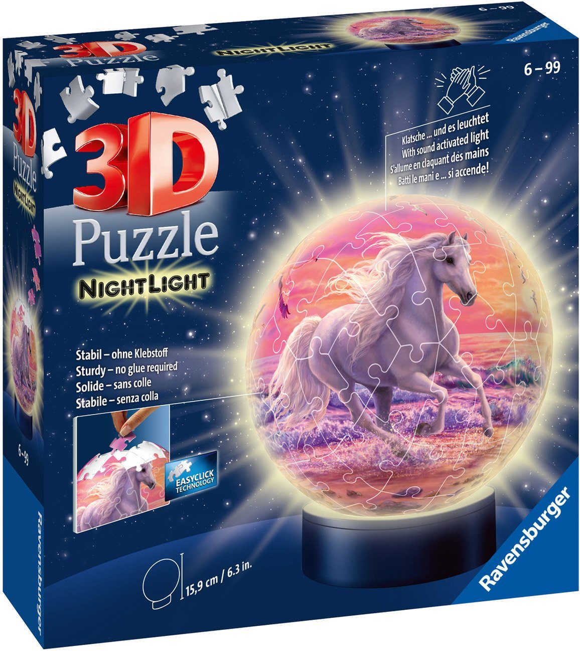 Ravensburger Puzzleball Nachtlicht Pferde am Strand, 72 Puzzleteile, mit Leuchtsockel inkl. LEDs; FSC® - schützt Wald - weltweit
