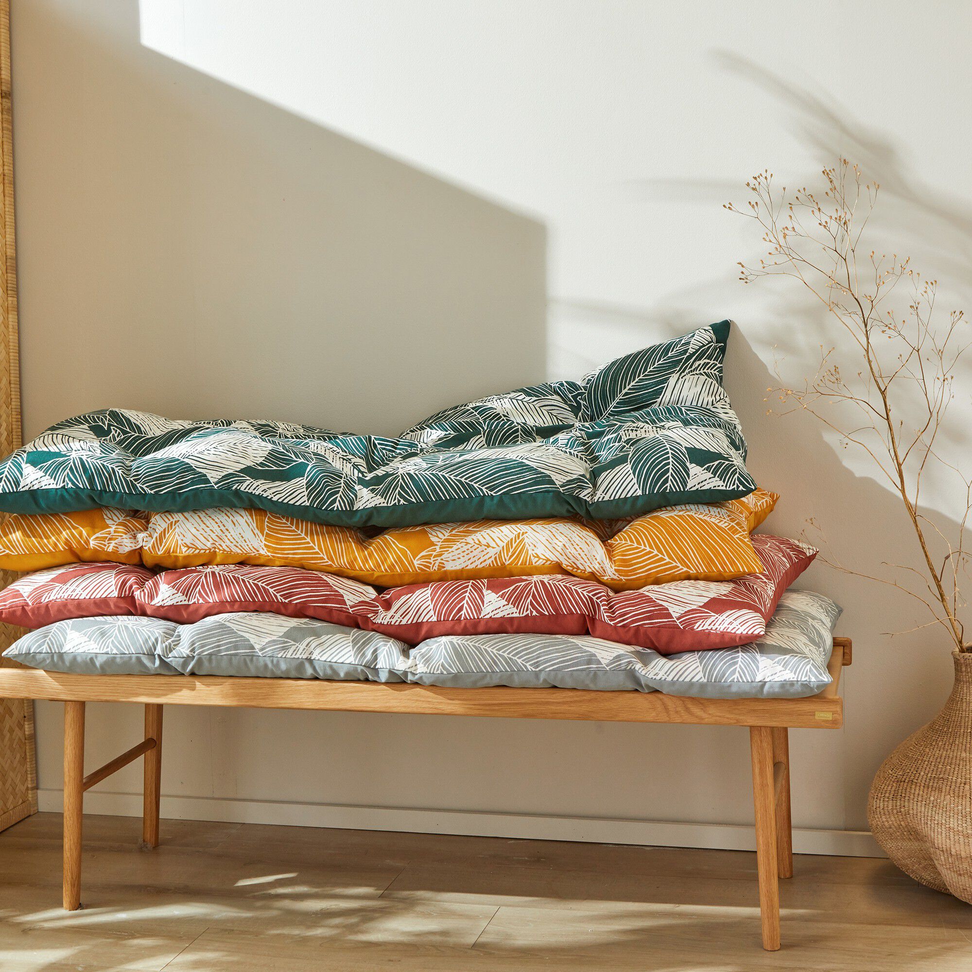 Long coussin déco coton imprimé feuillage