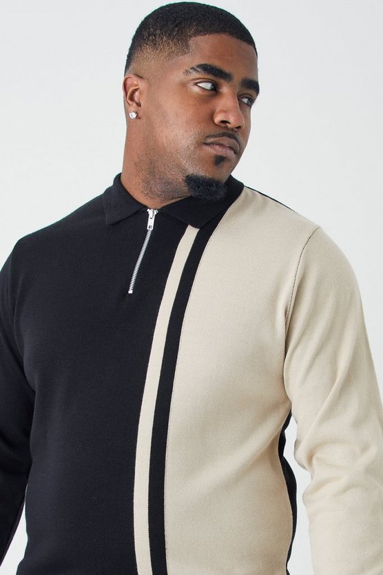 Plus langärmliges Muscle-Fit Colorblock Strick-Poloshirt