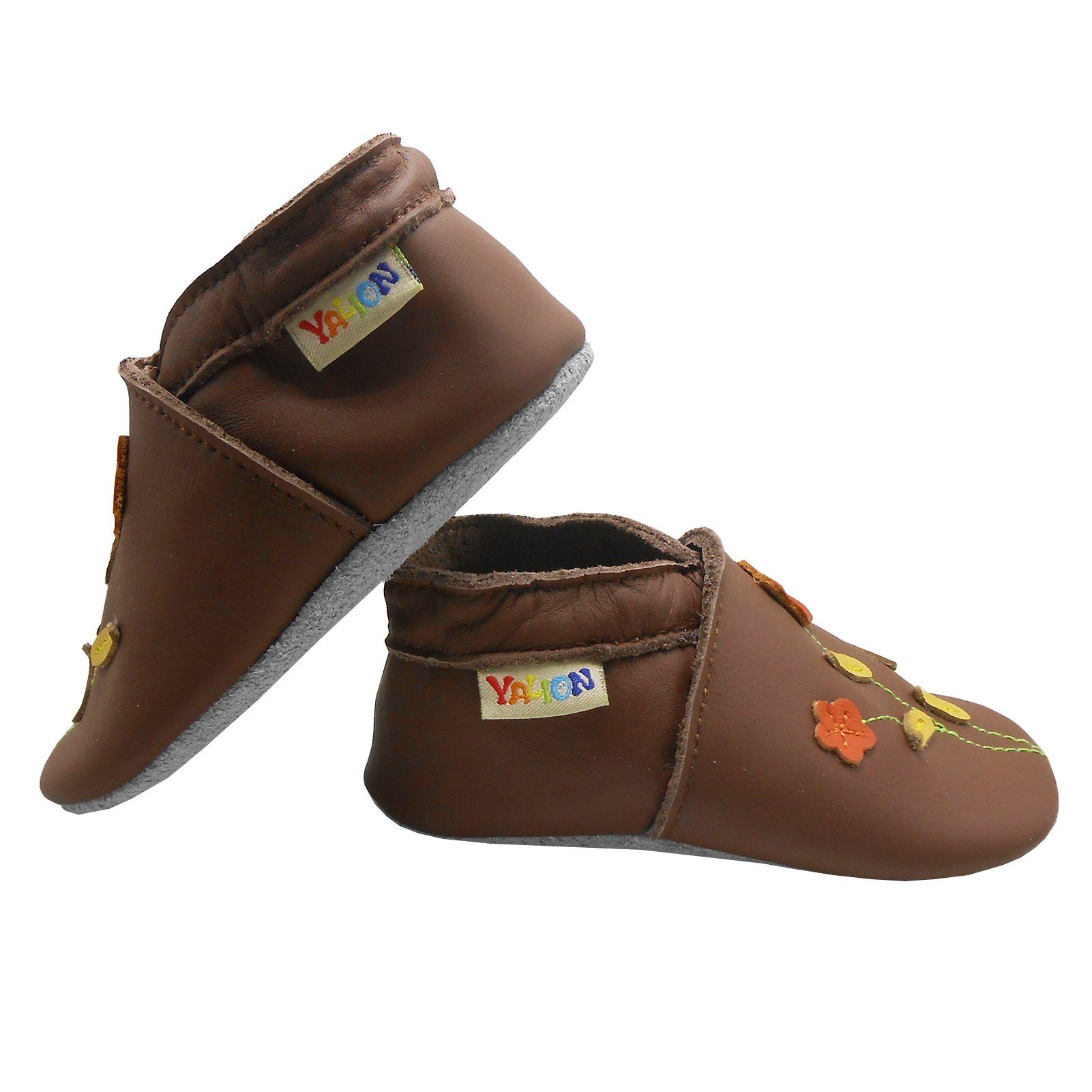 Yalion Weiche Leder Lauflernschuhe Hausschuhe Lederpuschen Zwei-Blumen-Braun Krabbelschuh