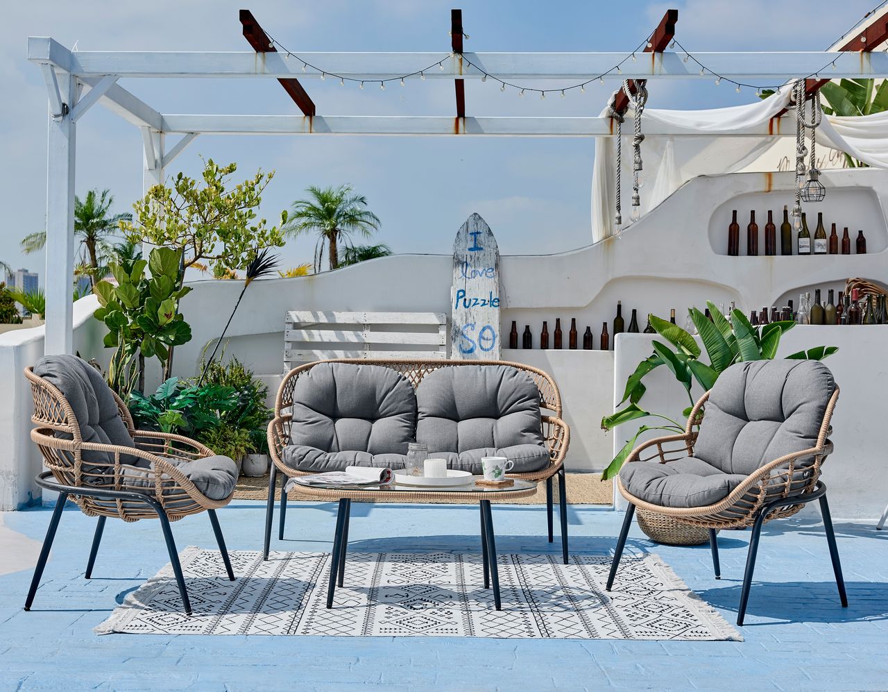 Happy Home Happy Home Lounge-Set 4 tlg. HGS40-GRA helles Rattan mit Sitzkissen in grau