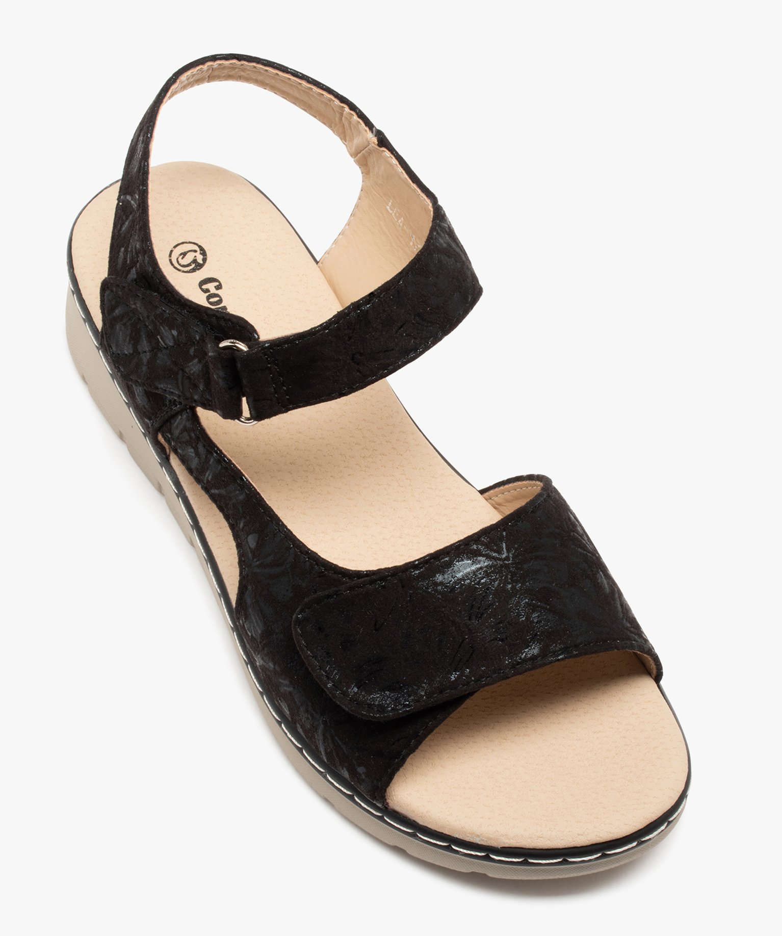 Sandales femme confort en tissu brillant et à scratch noir | GEMO