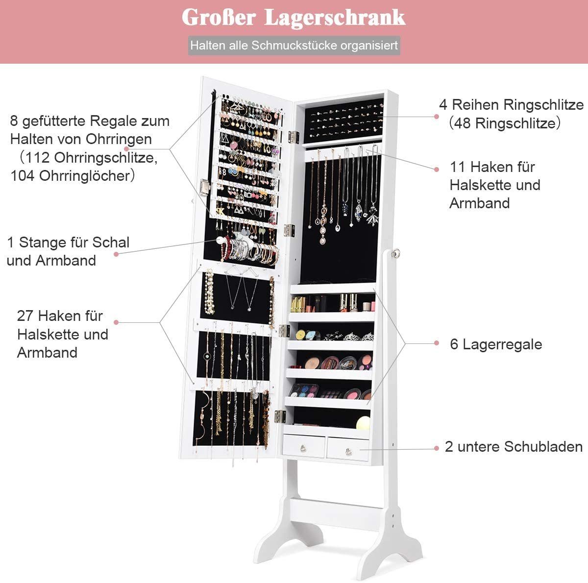 COSTWAY Schmuckschrank stehend, mit Spiegel&Schubladen, abschließbar
