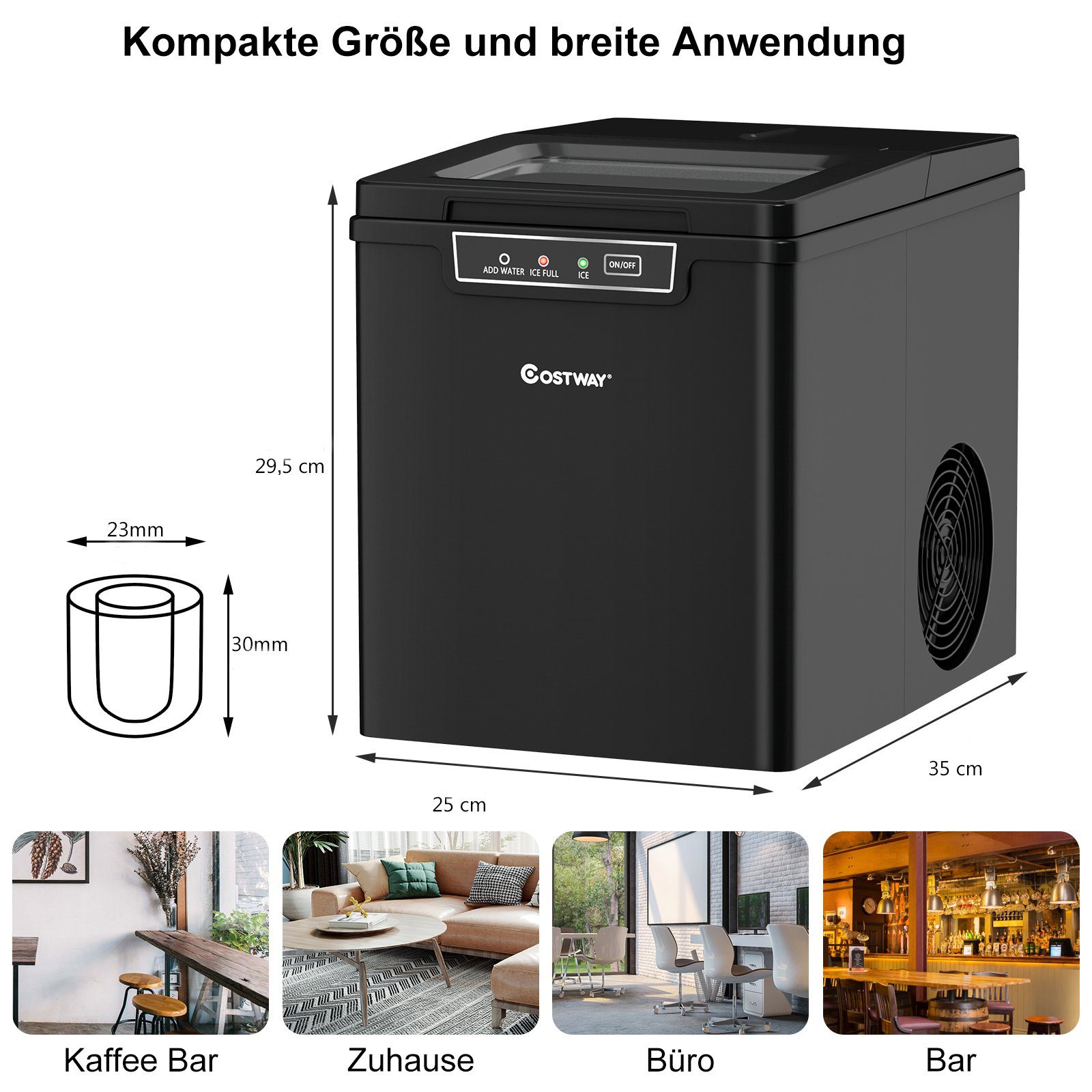 COSTWAY Eiswürfelmaschine, 9 Eiswürfel in 8 min, 12kg in 24H, 1,85L Tank