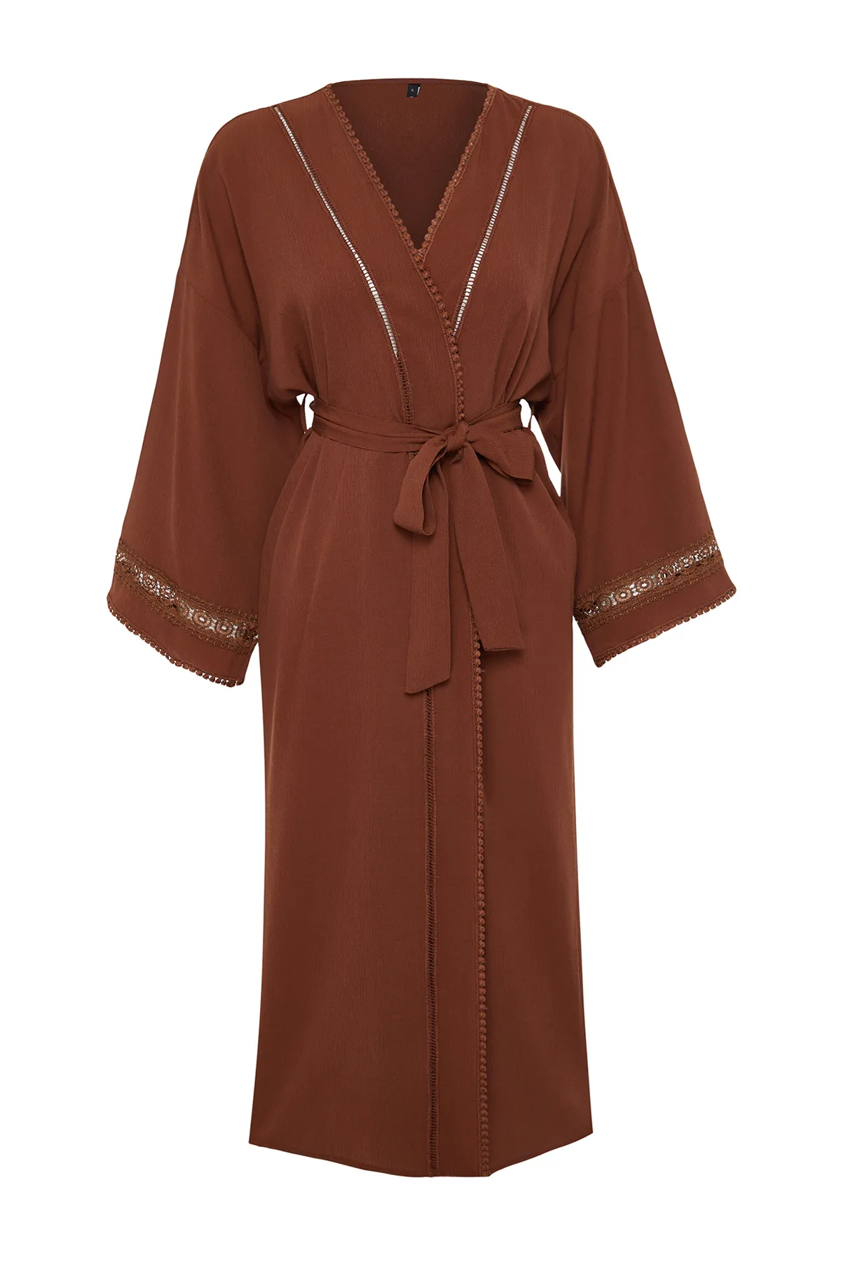 Trendyol Collection  Brauner Midi-Kimono und Kaftan aus 100 % Baumwolle mit Gürtel und Streifen-Accessoires TBESS21KM0008