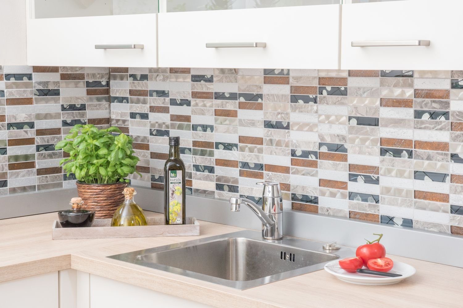 Mosani Mosaikfliesen Riemchen Rechteck Mosaikfliesen Glasmosaik Edelstahl Resin grau