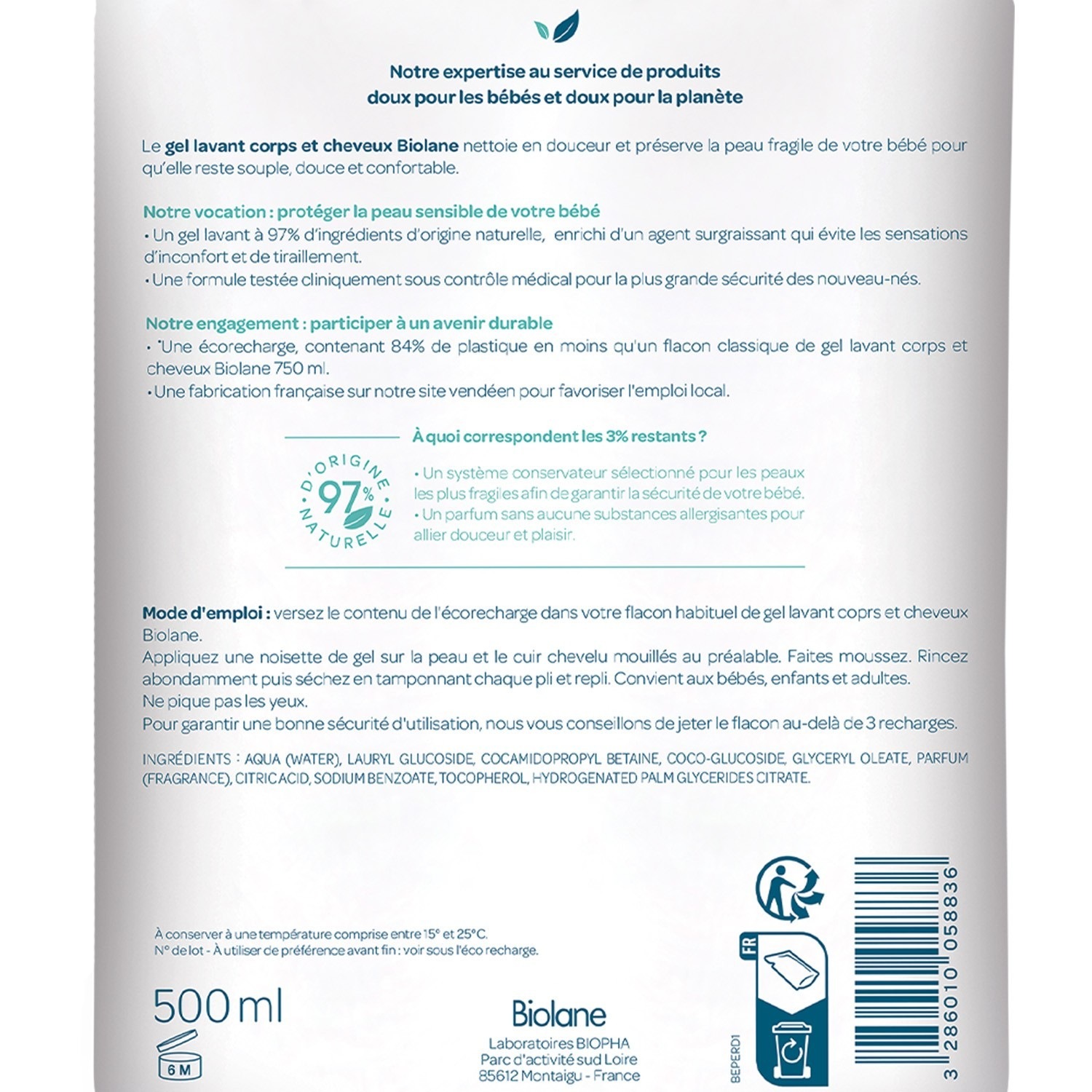 Biolane Eco-refill kropps- og hårgelé 500 ml