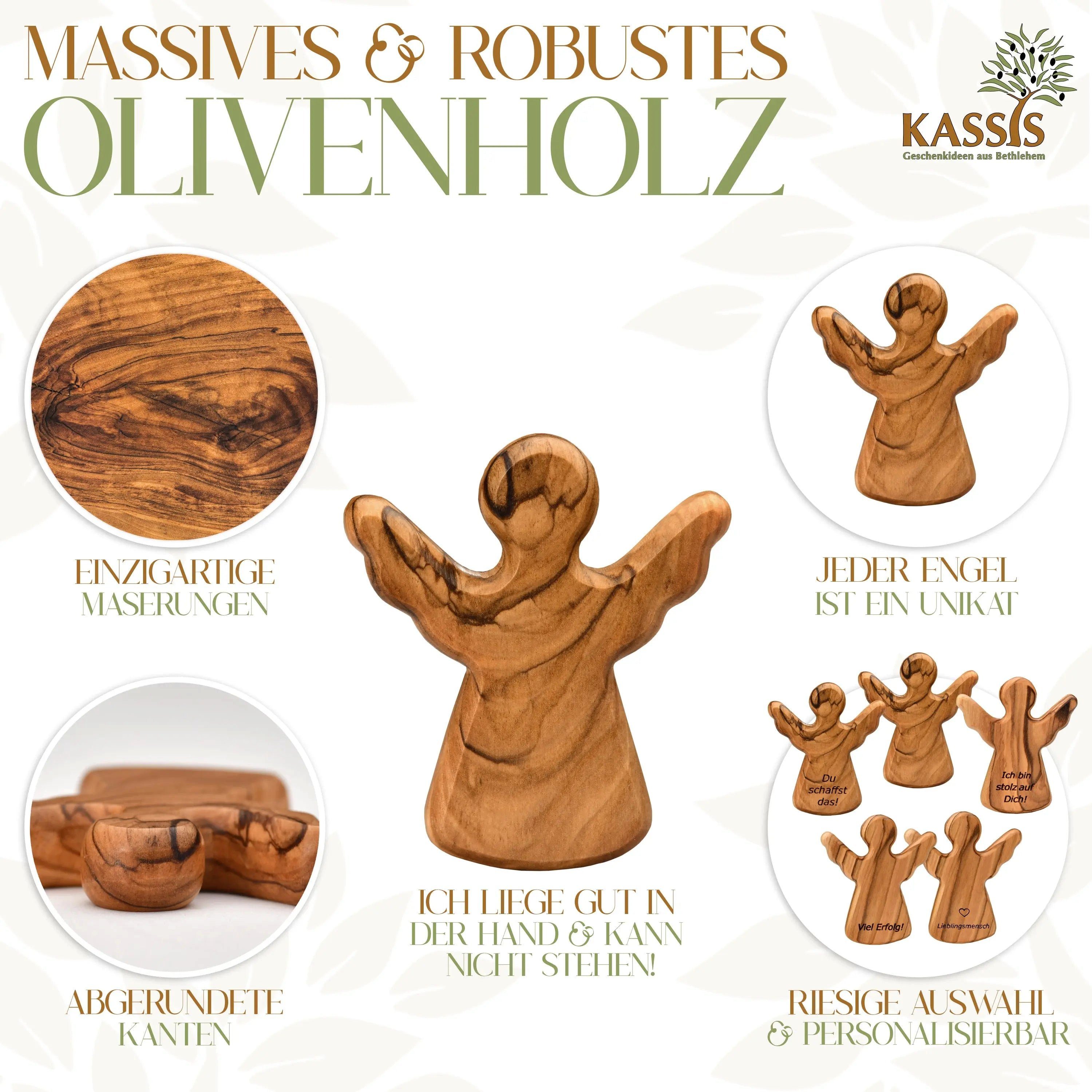 Kassis Engelfigur Schutzengel als Handschmeichler aus Olivenholz, handgemacht, umweltfreundlich, Naturprodukt, aus Bethlehem, Glücksbringer