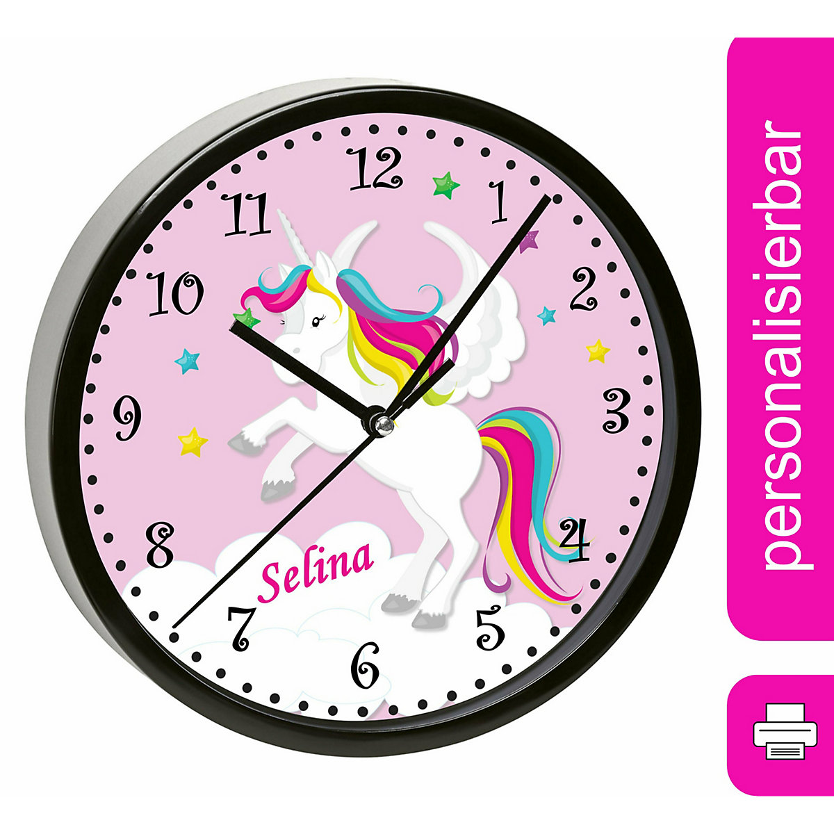 Kinder Wanduhr personalisiert mit Name Pegasus Rosa
