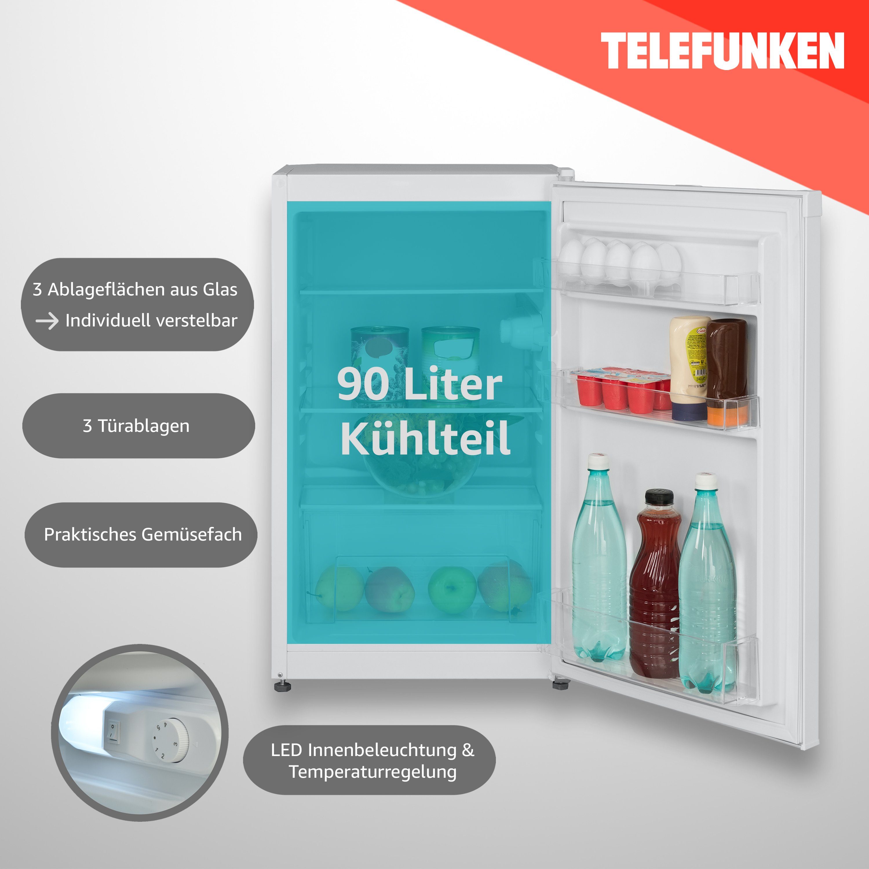 Telefunken Kühlschrank CF-31-121-W, 82.1 cm hoch, 48 cm breit, Ohne Gefrierfach, Freistehend, 90 Liter Nutzinhalt, Klein, Weiß