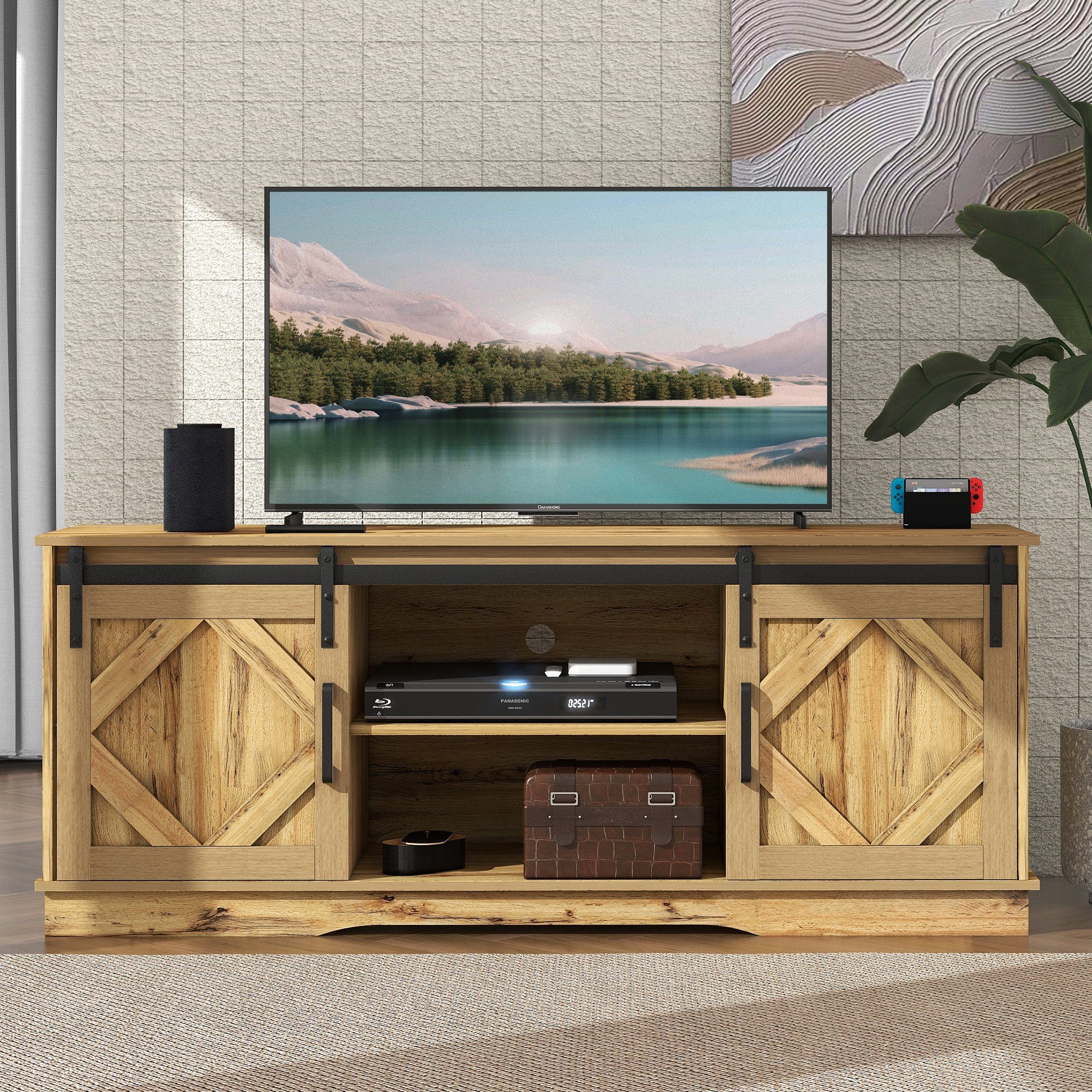 OKWISH TV-Schrank TV Stand Sideboard Entertainment Center (vintage Braun Entertainment Center 150*40*60cm, mit 2 klassischen Schiebetüren Einstellbare Regale) für Wohnzimmer Esszimmer Landhaus Modernes Design