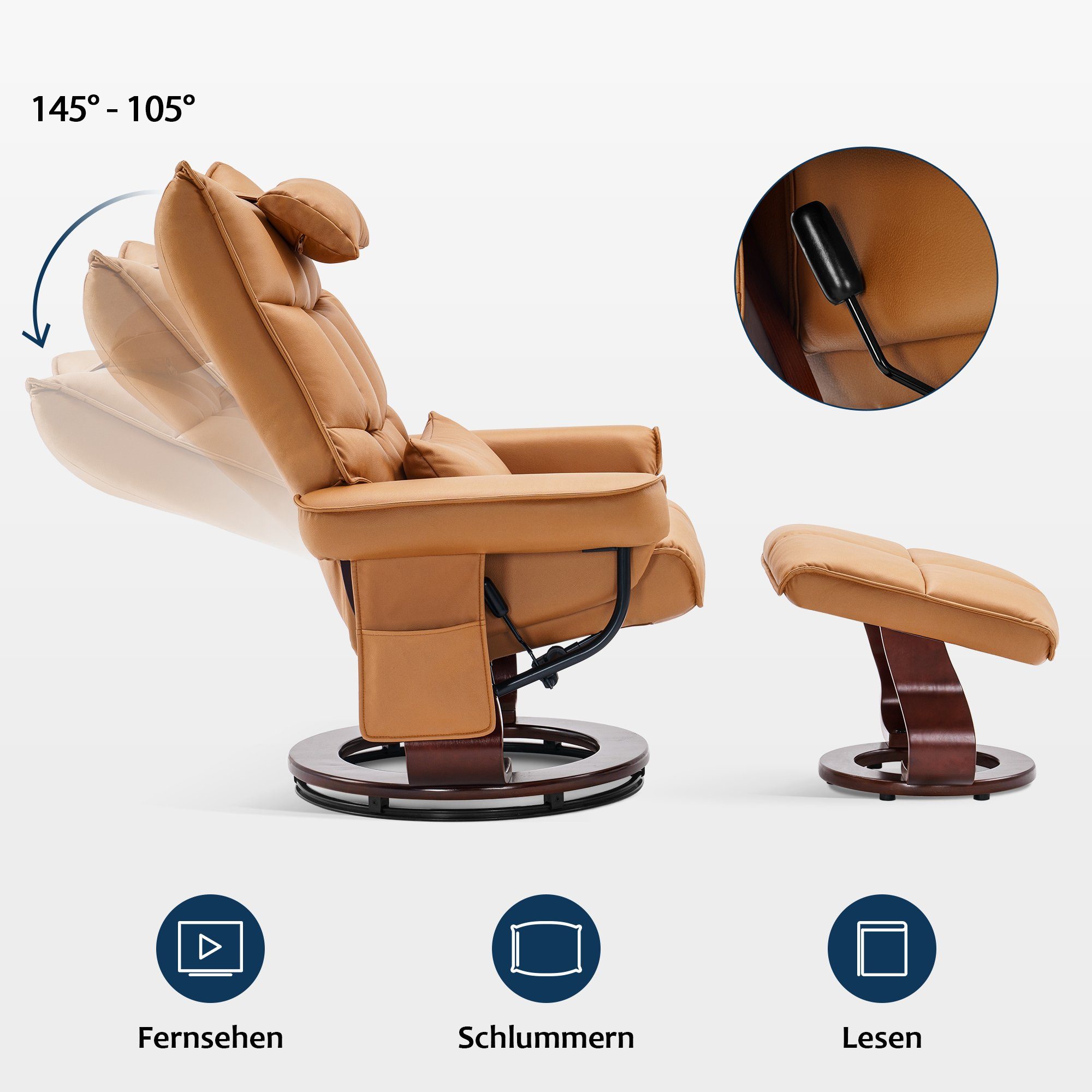 MCombo Relaxsessel MCombo Relaxsessel mit Hocker 9076, Drehbare Fernsehsessel mit Liegefunktion, mit Kissen & Seitentasche