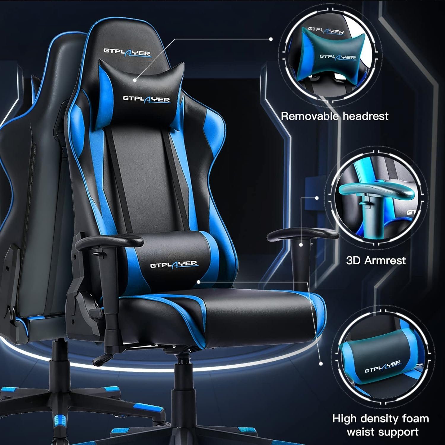 GTPLAYER Gaming-Stuhl Gaming Stuhl Bürostuhl Ergonomisch, Lendenkissen verstellbar (Zockerstuhl, Zocker, Sessel Gaming, 150kg Belastbar, 1 St), Pc Sessel, Computerstuhl, Computer Stuhl, Zockersessel