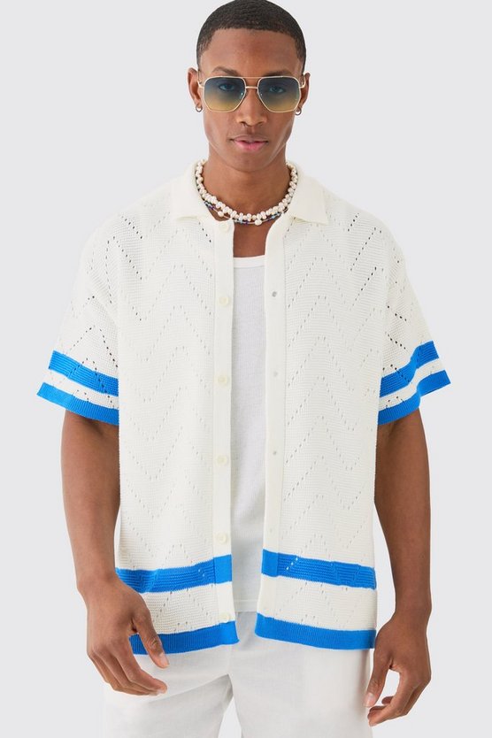 Kastiges gestreiftes Oversize Strick-Hemd