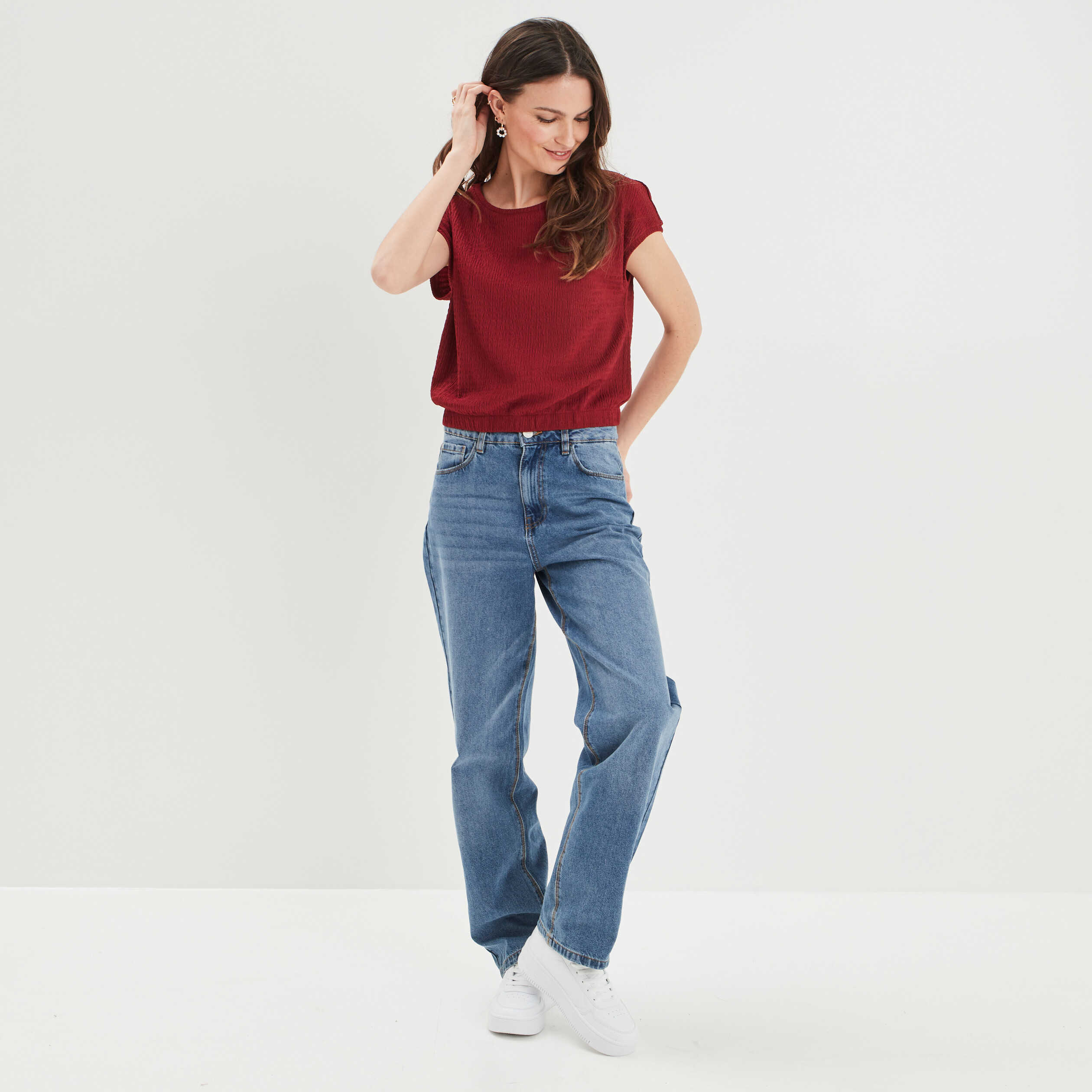 T-shirt col rond taille élastiquée rouge foncé femme | La Halle