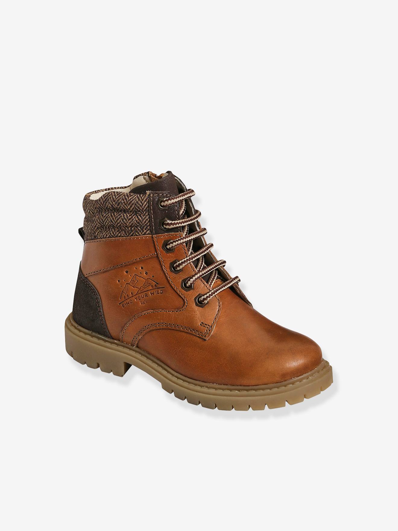 Bottines crantées lacées et zippées cuir garçon marron